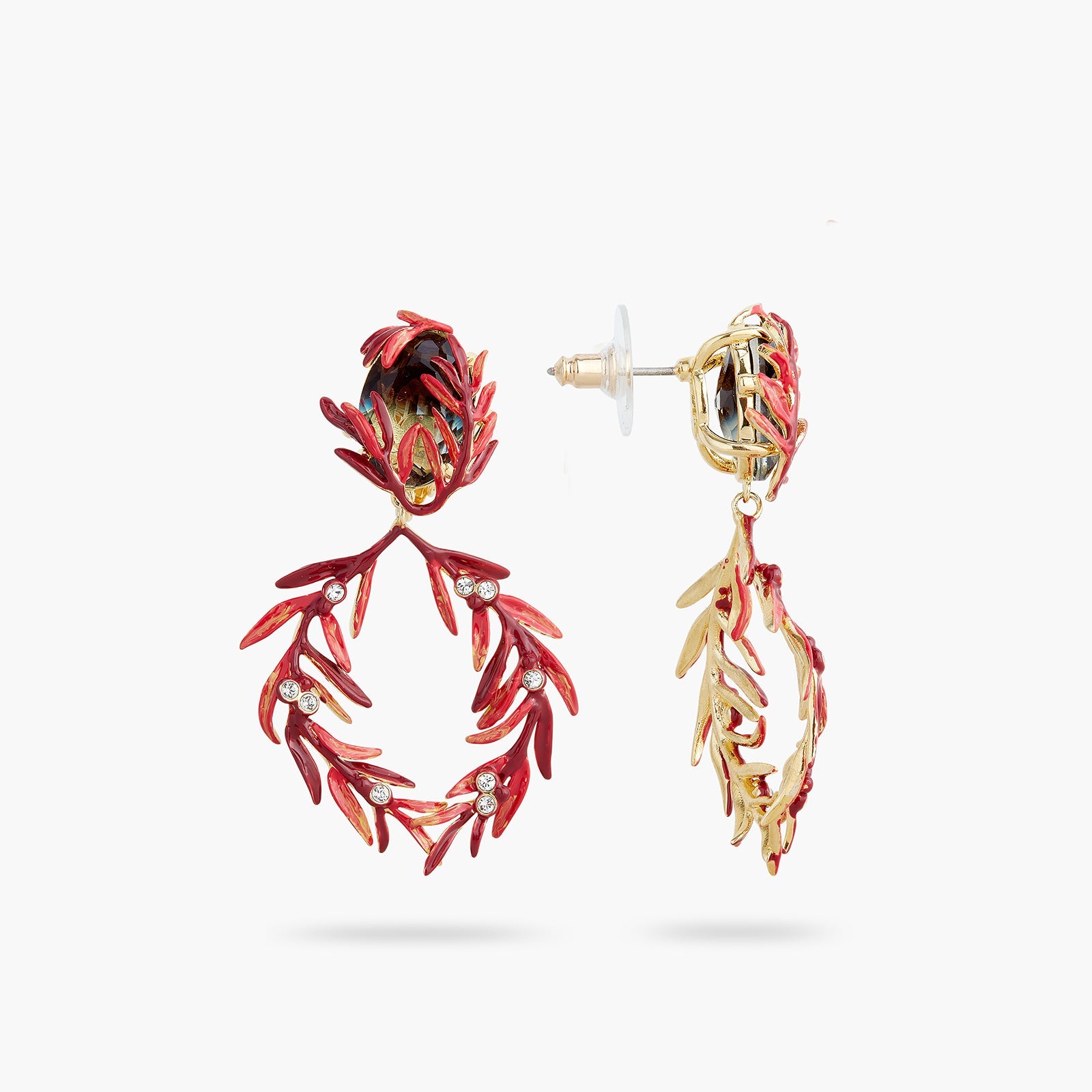 Boucles d'Oreilles Tiges Feuillage, Pierre et Petits Cristaux