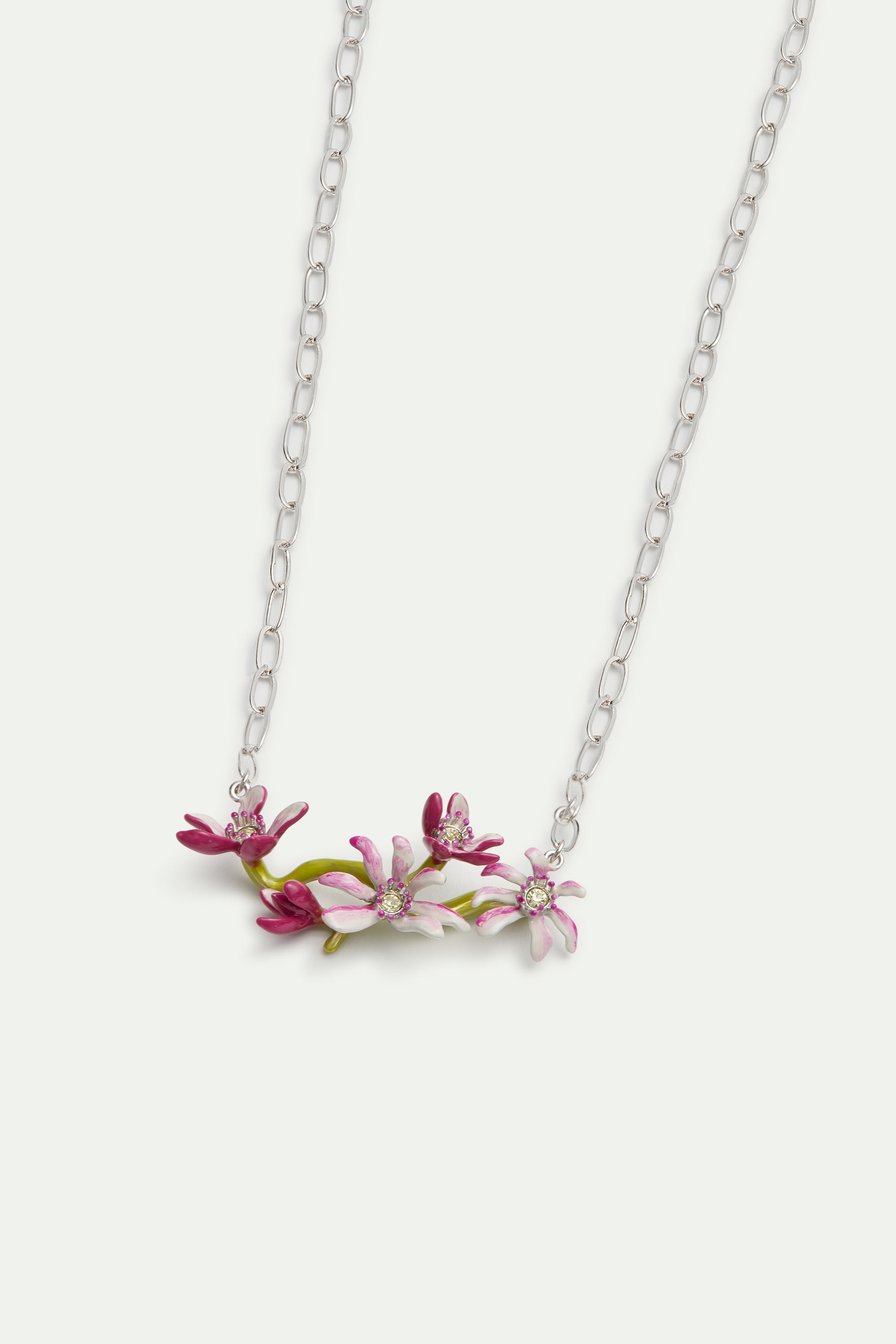 Magnolia flowers silver statement necklace