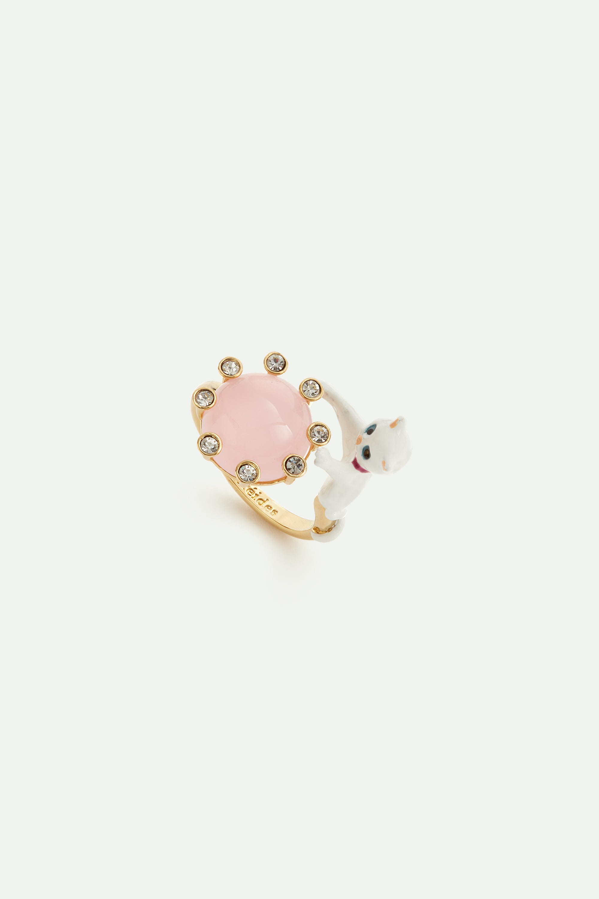 White cat and round pink stone adjustable ring