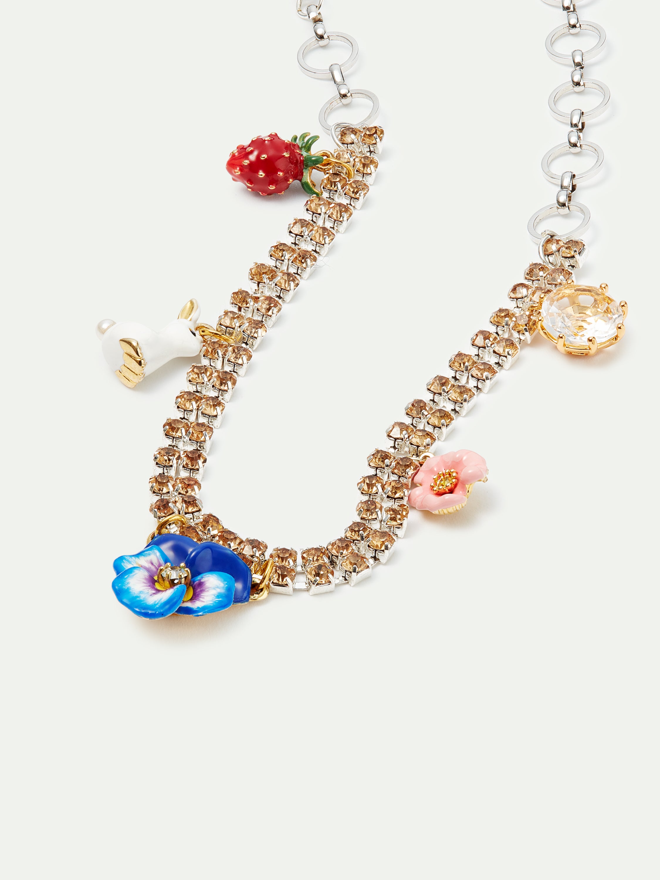 Collier ras de cou strass, pensée et lapin