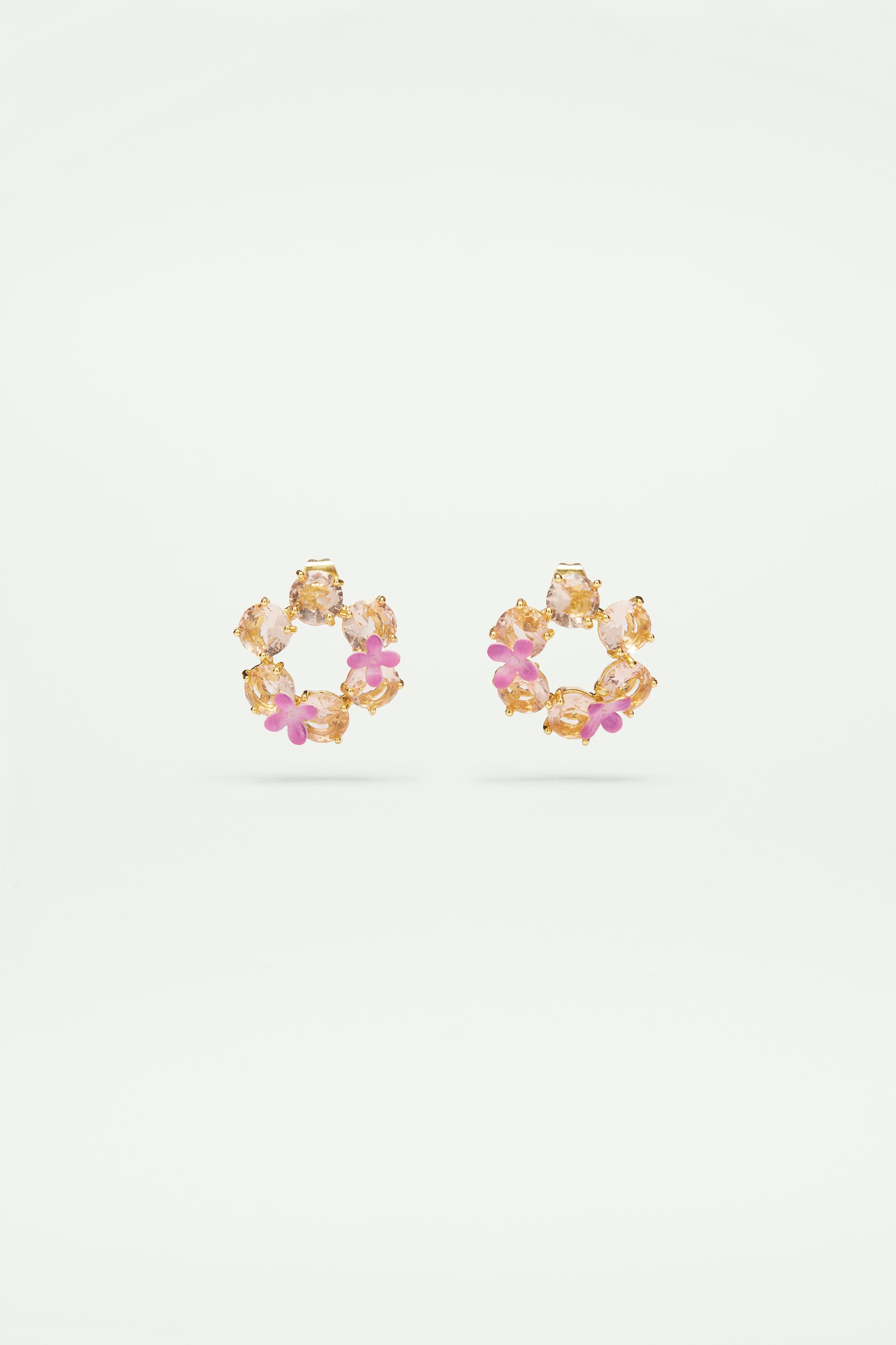 Boucles d'oreilles fleurs et 6 pierres rondes la diamantine rose abricot