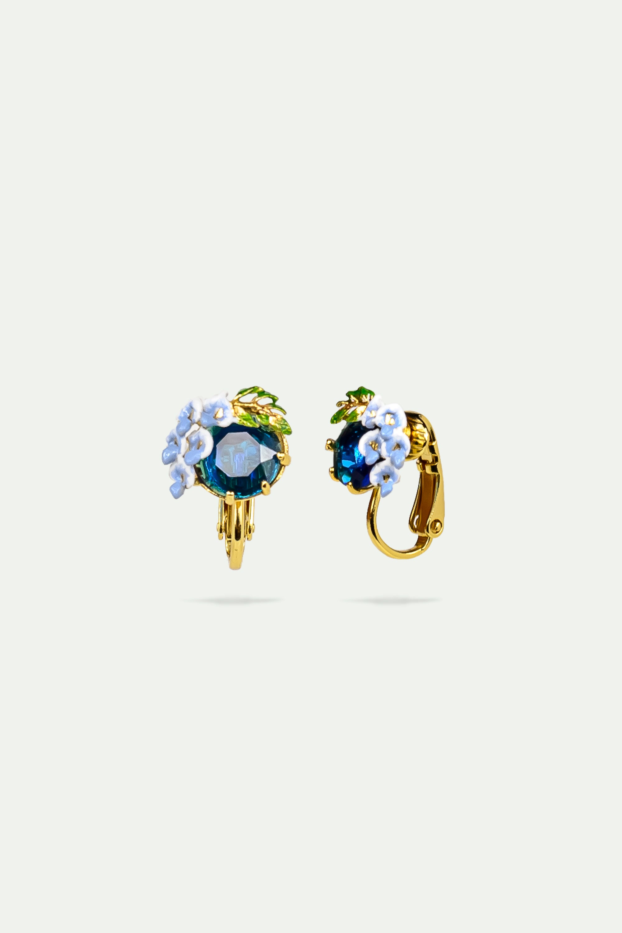 Boucles d'oreilles clips verre facetté bleu et fleurs de glycine