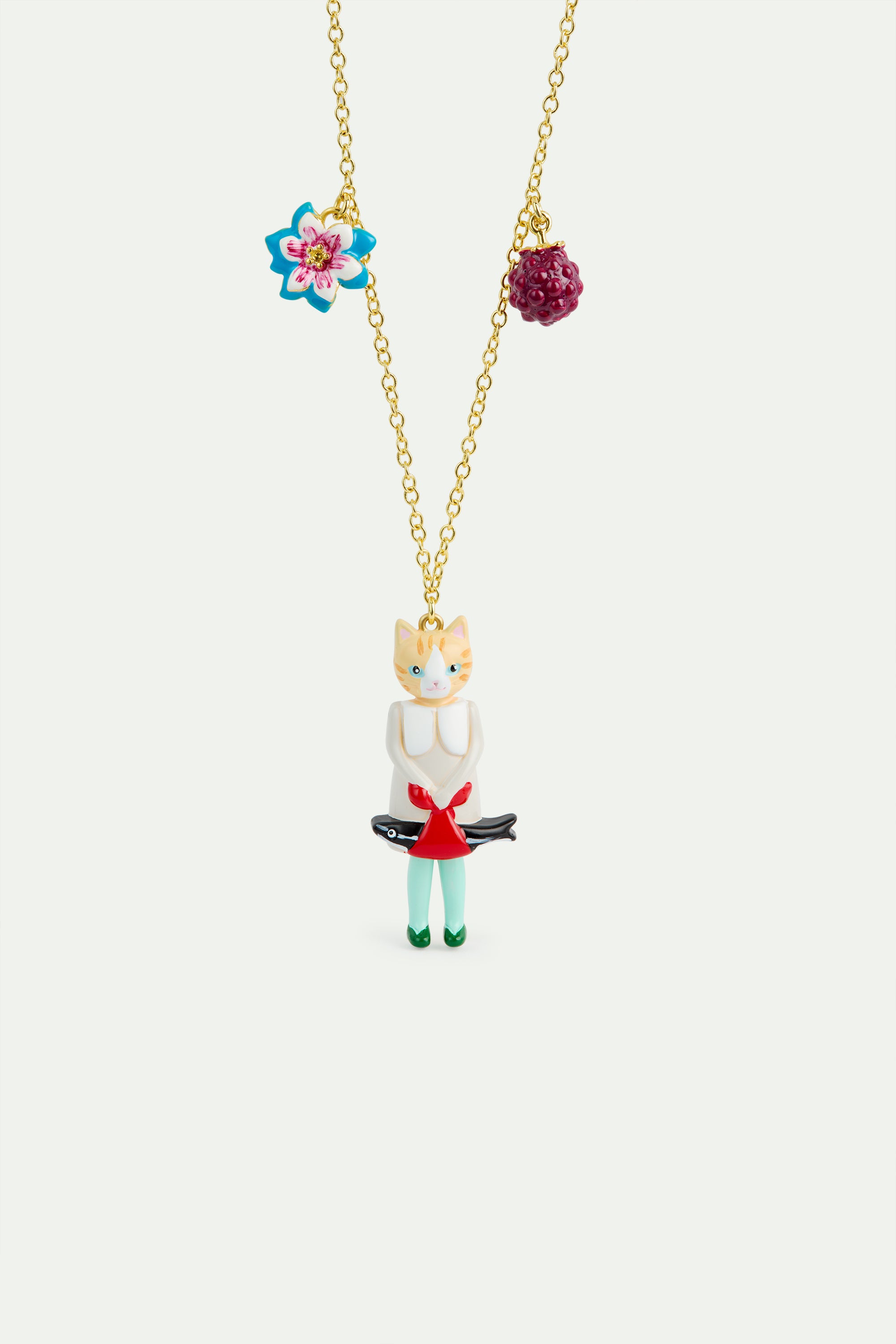 Collier pendentif chat roux et fraise