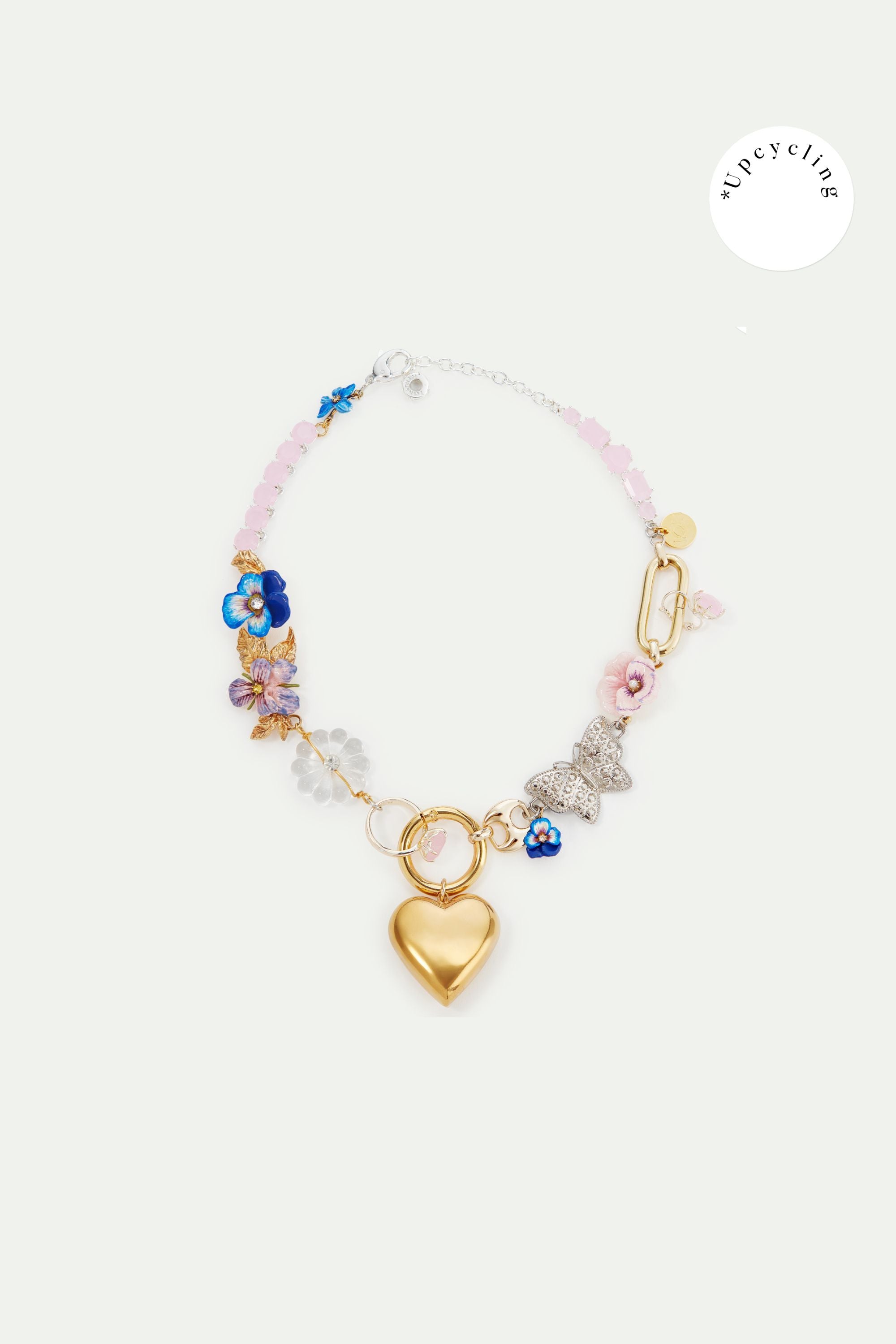 Collier ras de cou fleurs, verres facettés et cœur