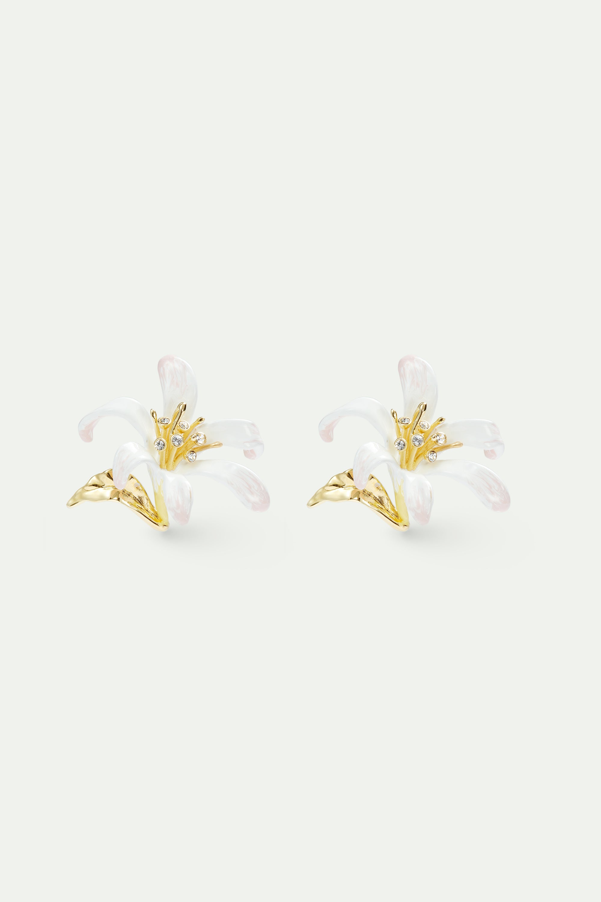 Large white lily earrings and golden leaves