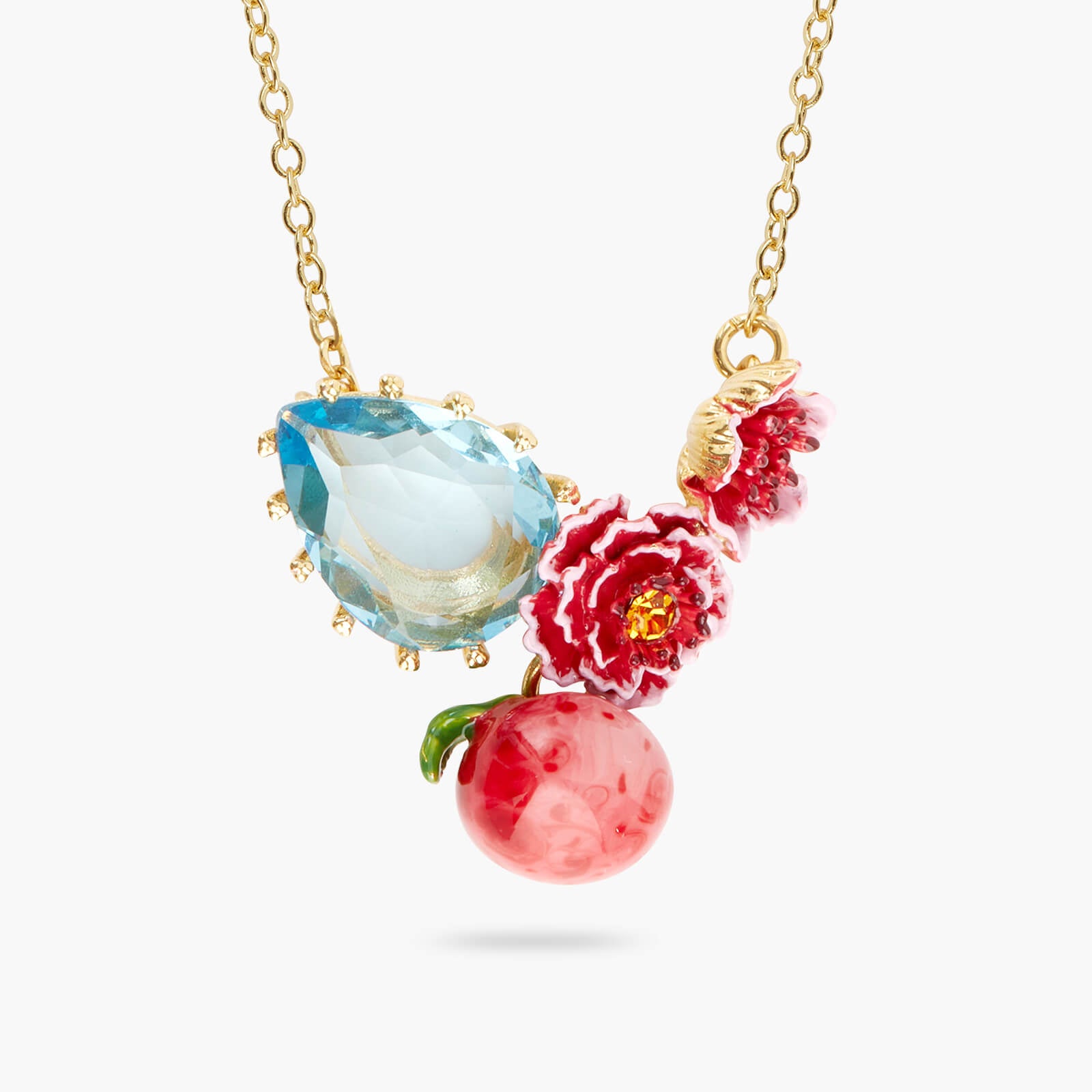 Collier pendentif Fleurs de pêcher et Pierre Bleu Forme Poire