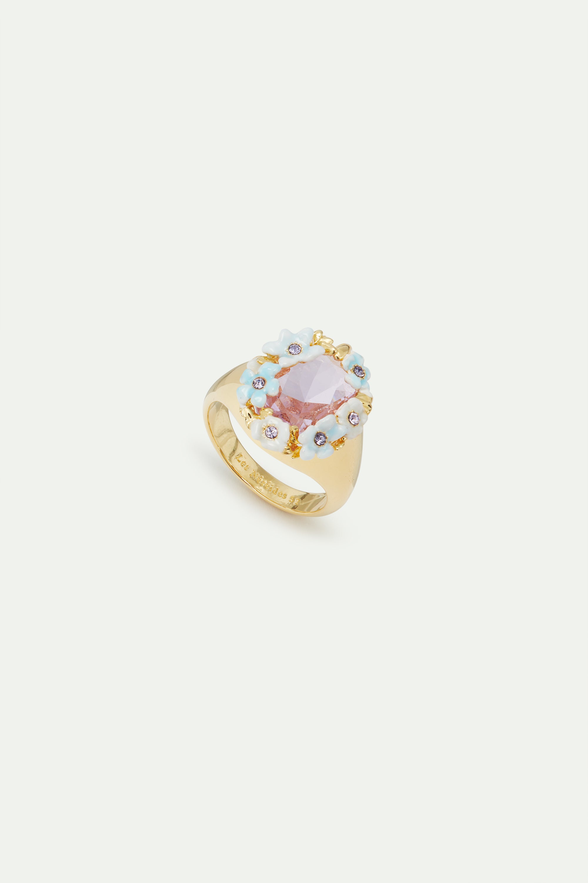 Anillo cóctel boda piedra facetada violeta y flores azules