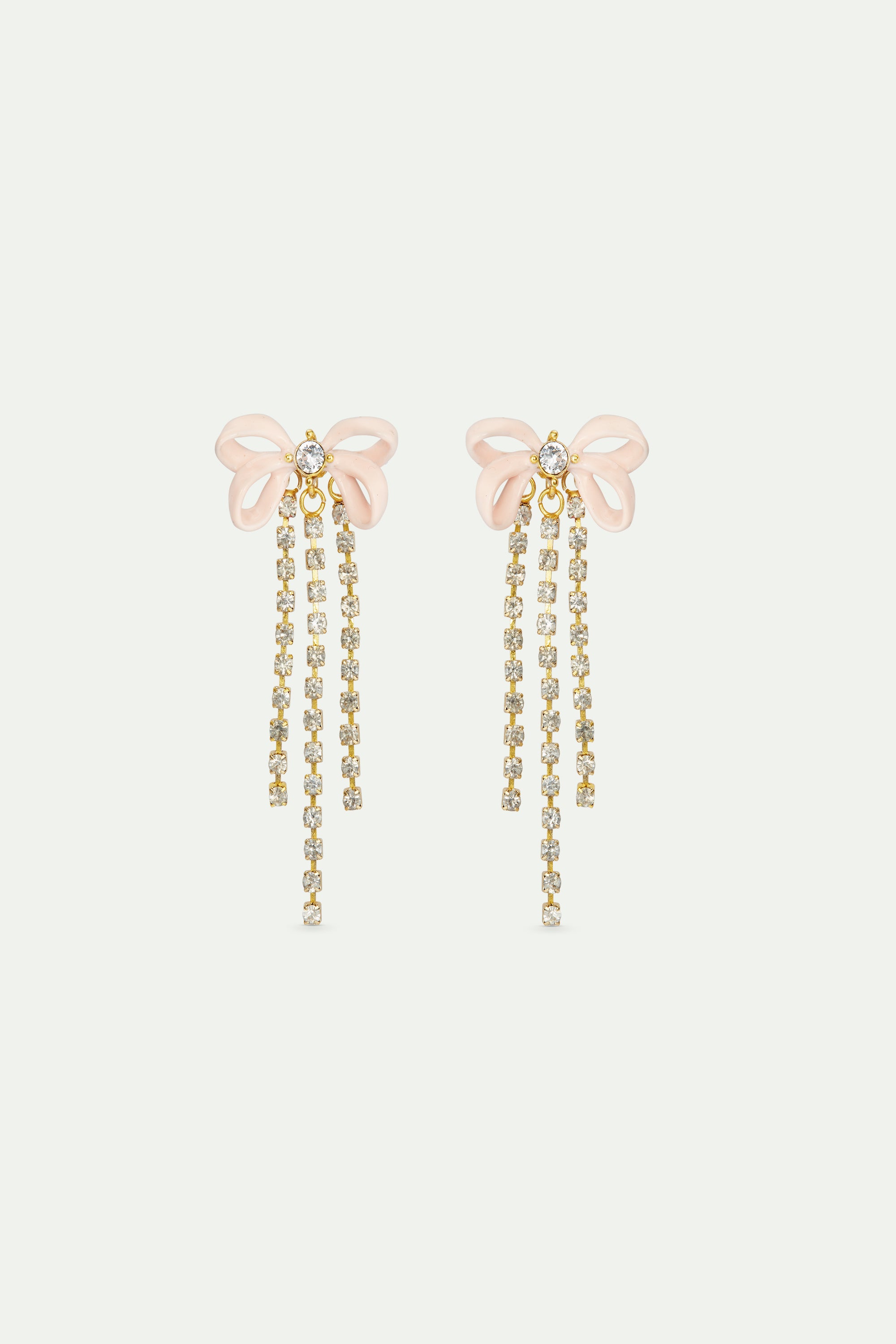 Boucles d'oreilles ruban rose et chaîne strassée