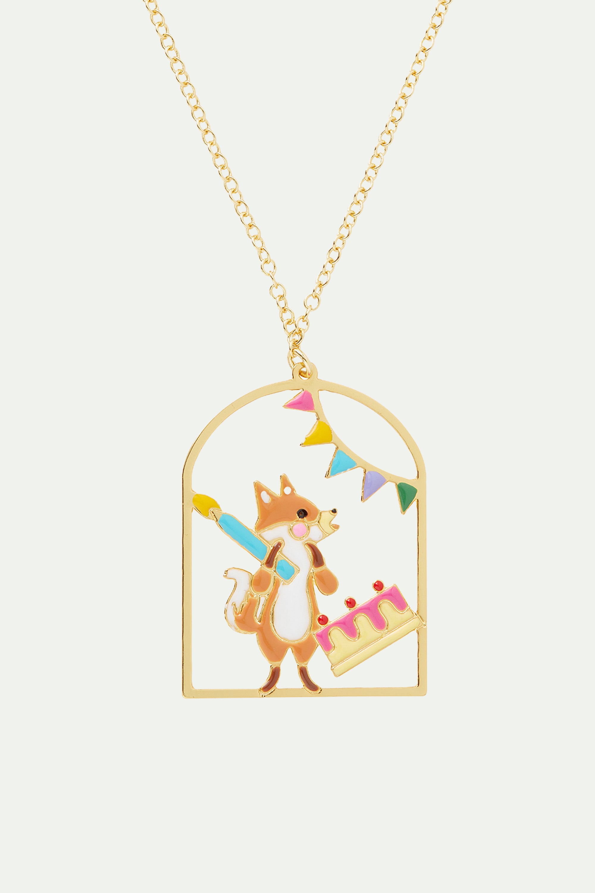 Fox, cake and Bunting pendant necklace