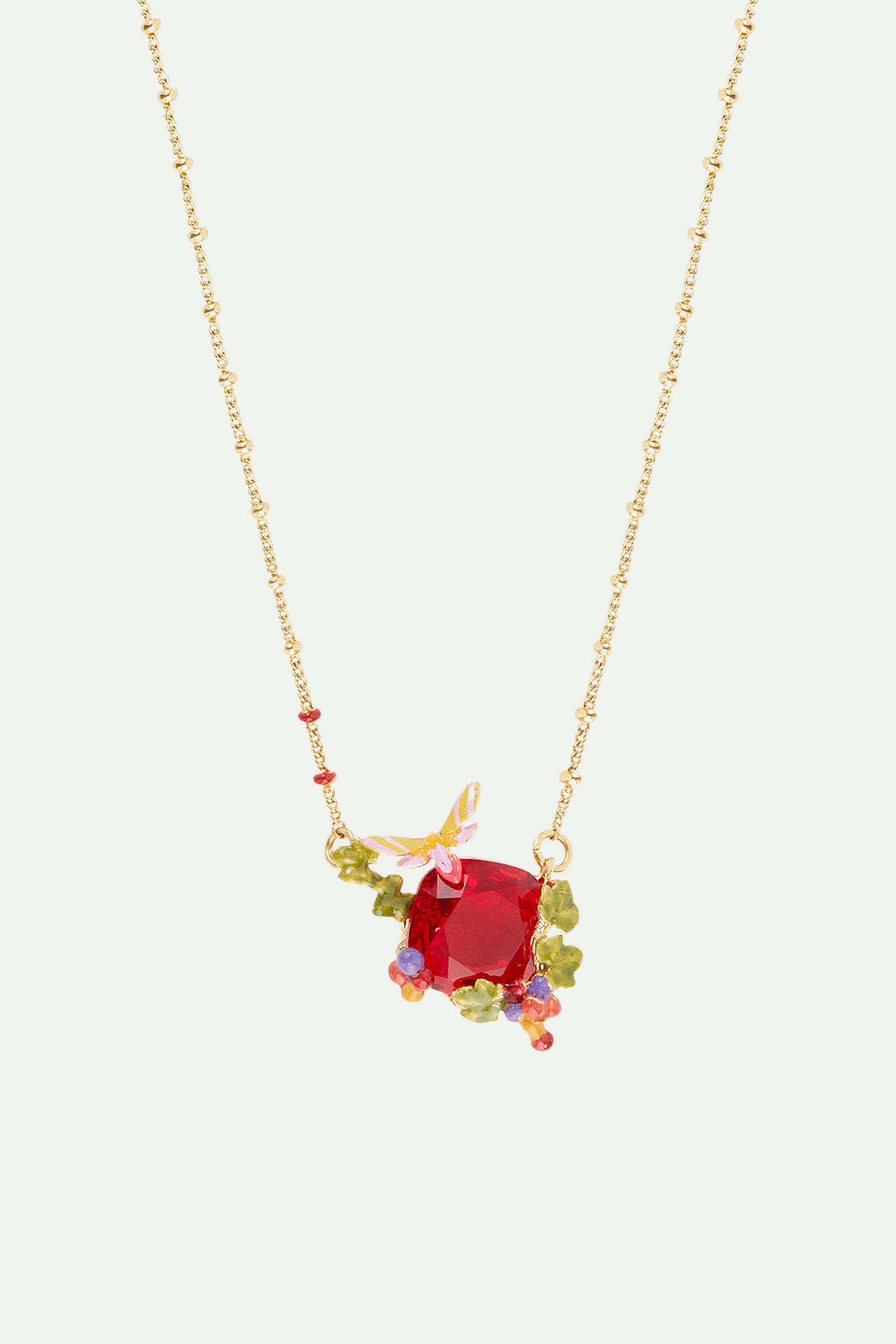 Garnet red faceted stone and butterfly pendant necklace