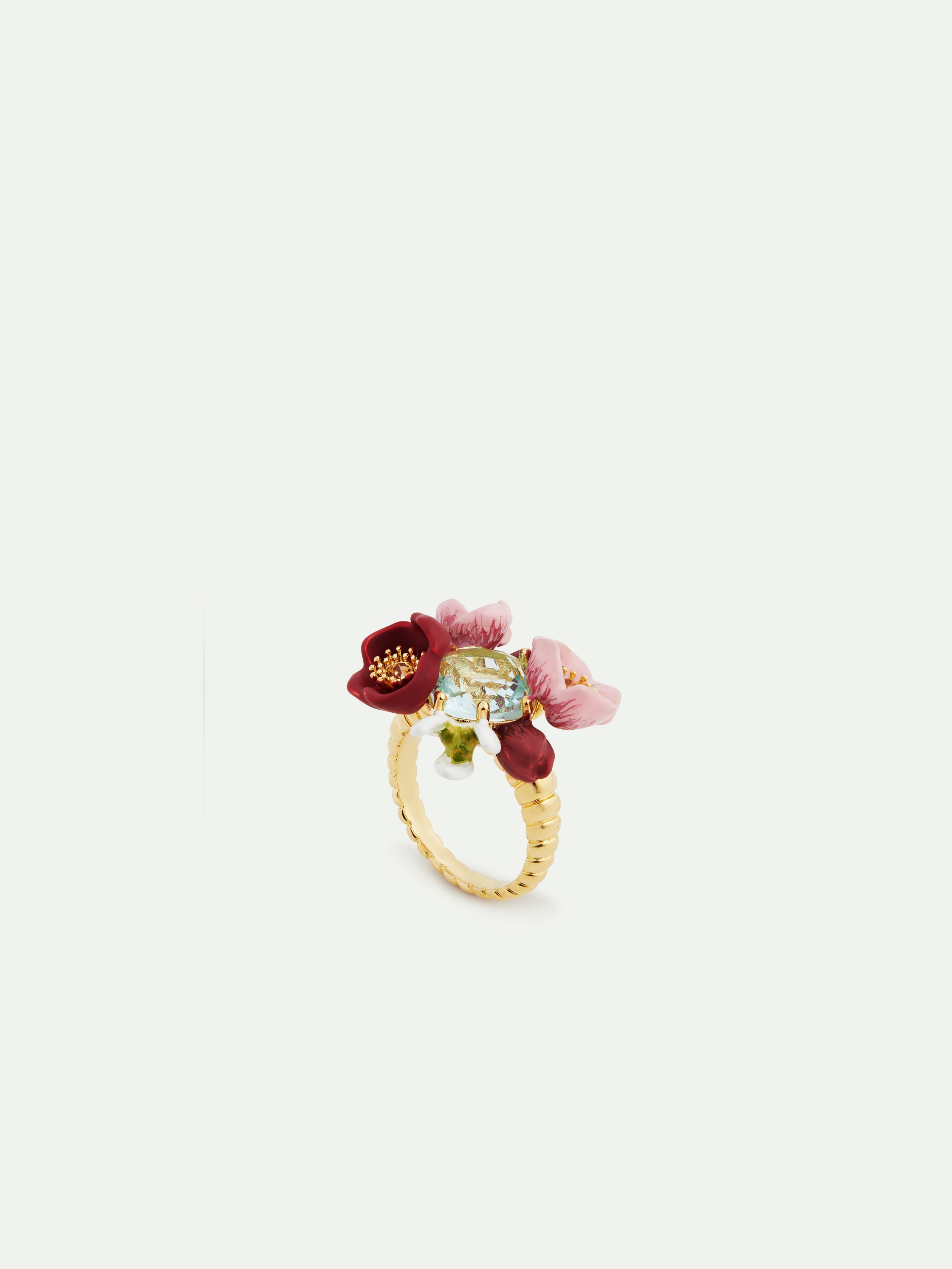 Anillo cóctel ramo de flores de eléboro y piedra facetada