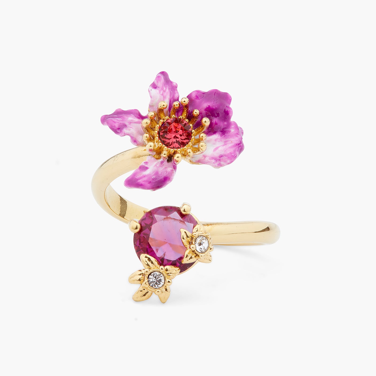 Bague ajustable toi et moi fleur de Bauhinia violette et cristal facetté