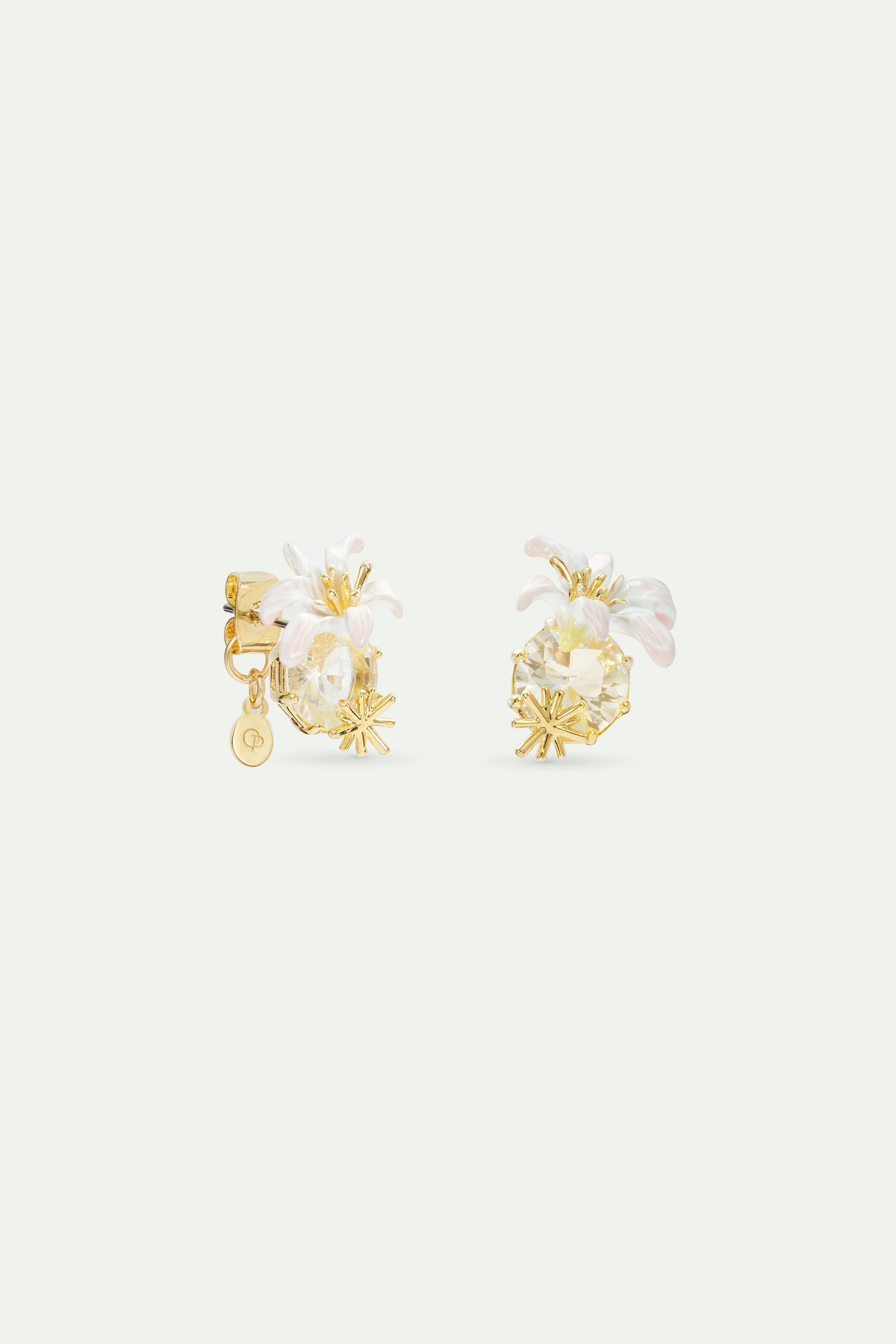 Round faceted stone earrings and white lily