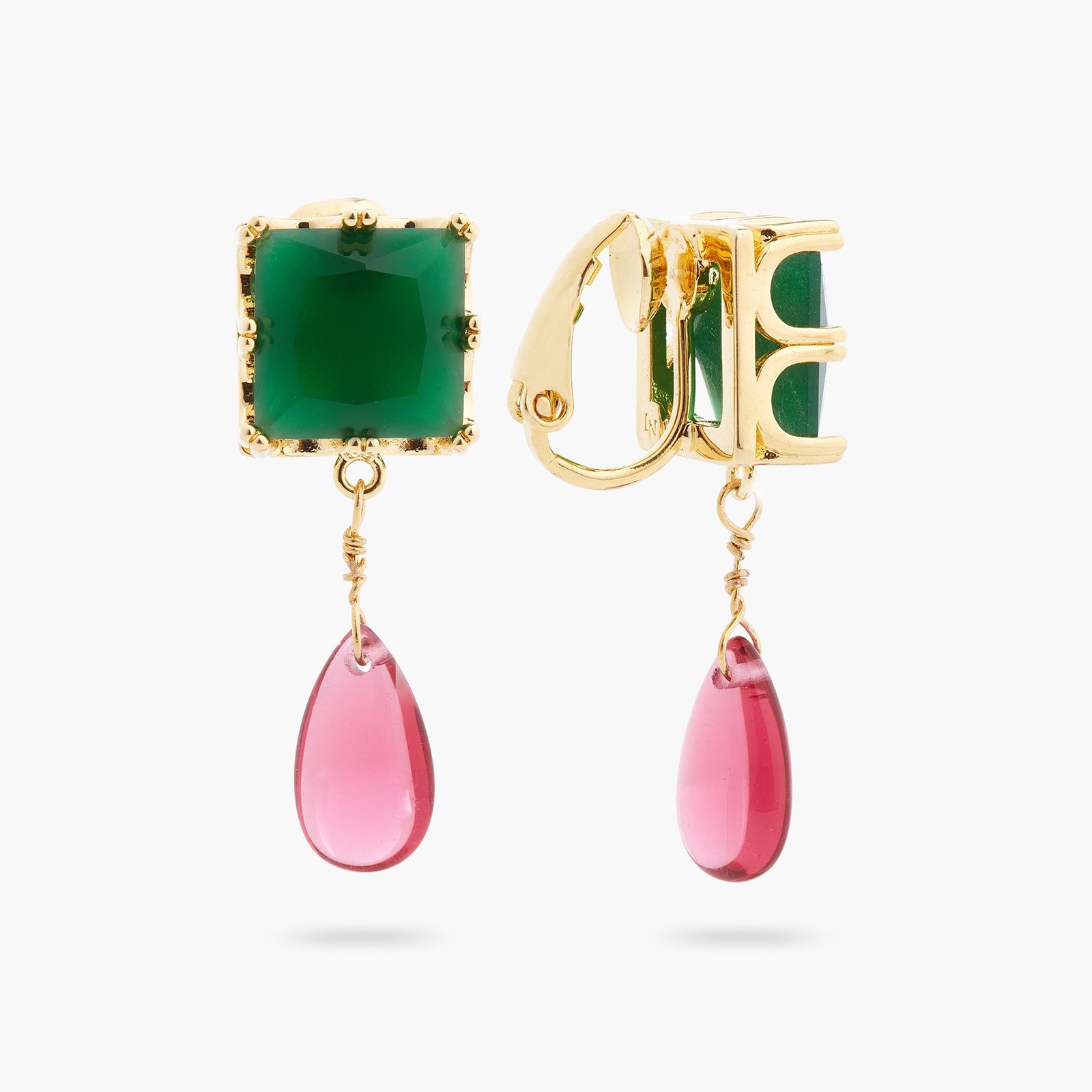 Boucles d'oreilles tiges pierre carrée verte et perle