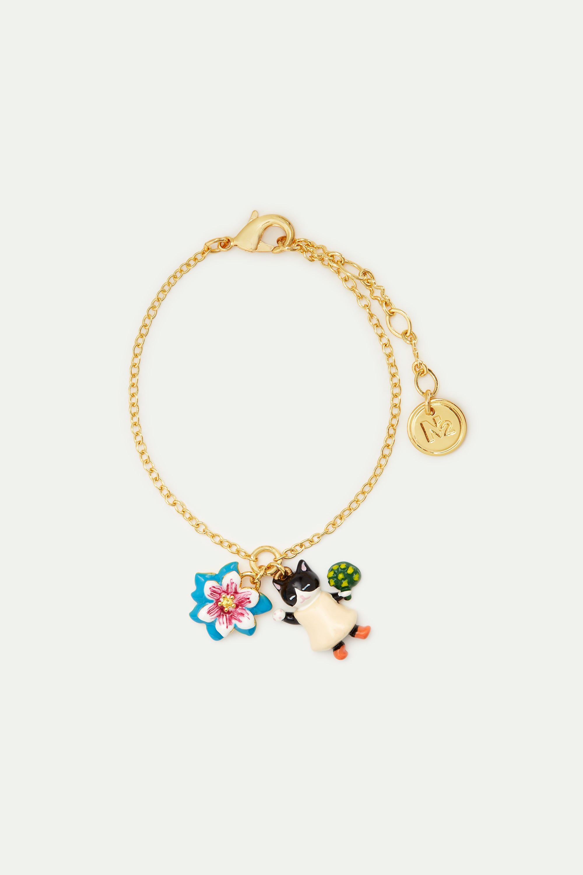 Bracelet fin fleur bleue et chaton noir