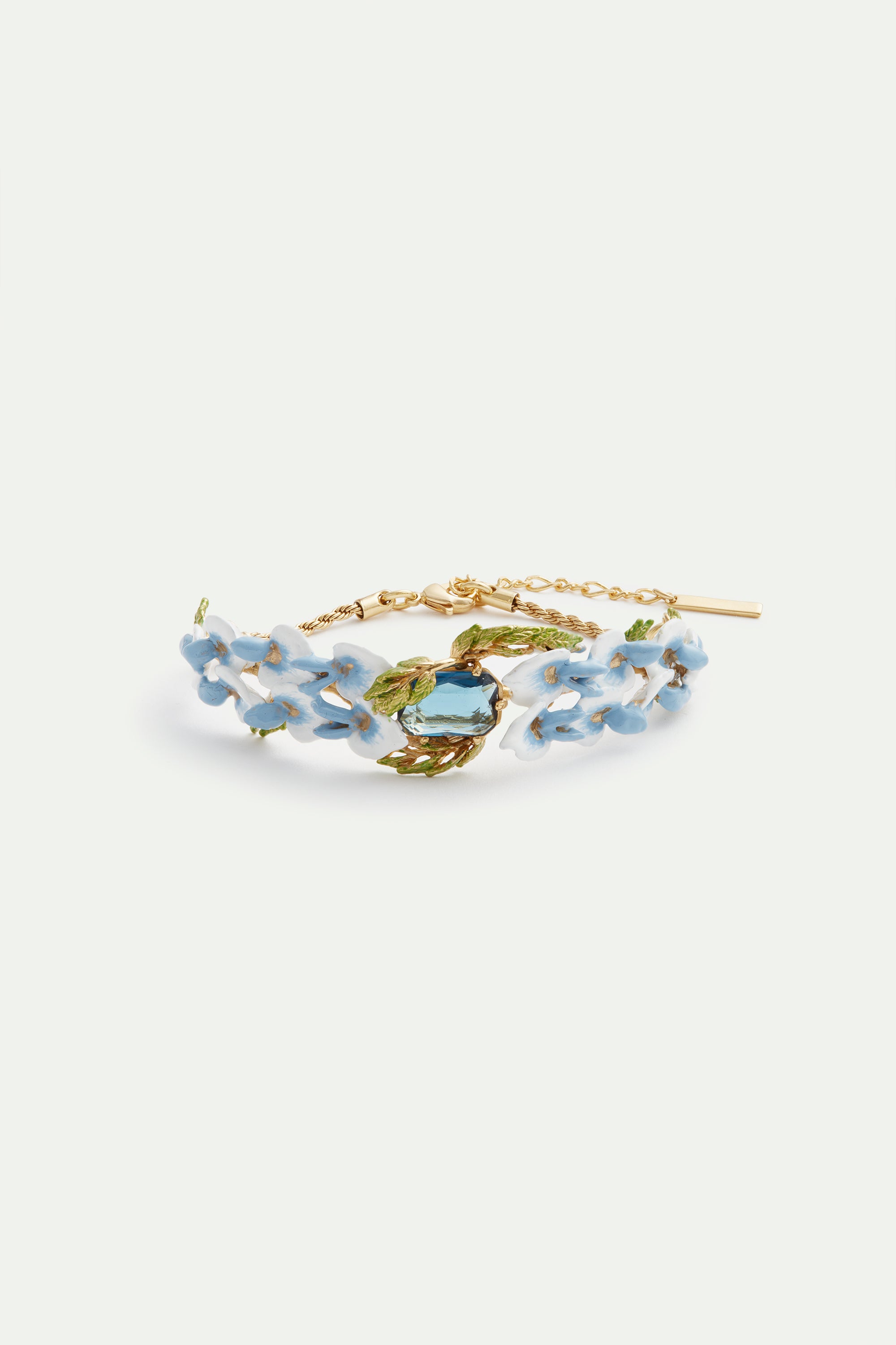 Bracelet fleurs de glycines et pierre facettes carré bleu