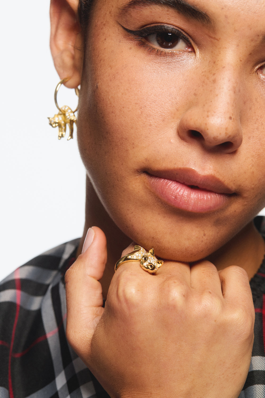 Cat and crystal golden hoop earrings