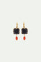 Boucles d'oreilles dormeuses pierre carrée noire et perle