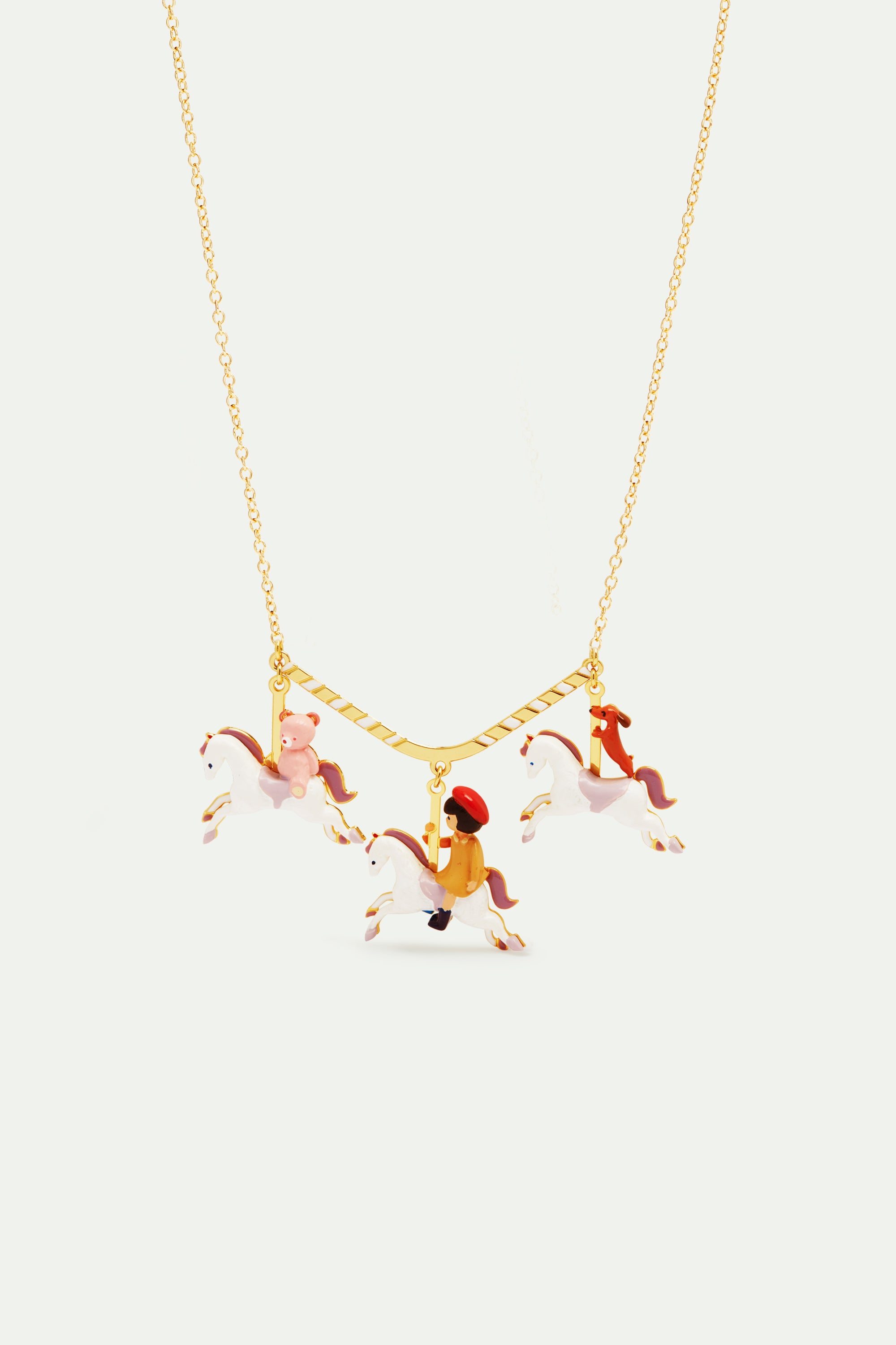 Little girl, dachshund and teddy bear on a carousel statement necklace