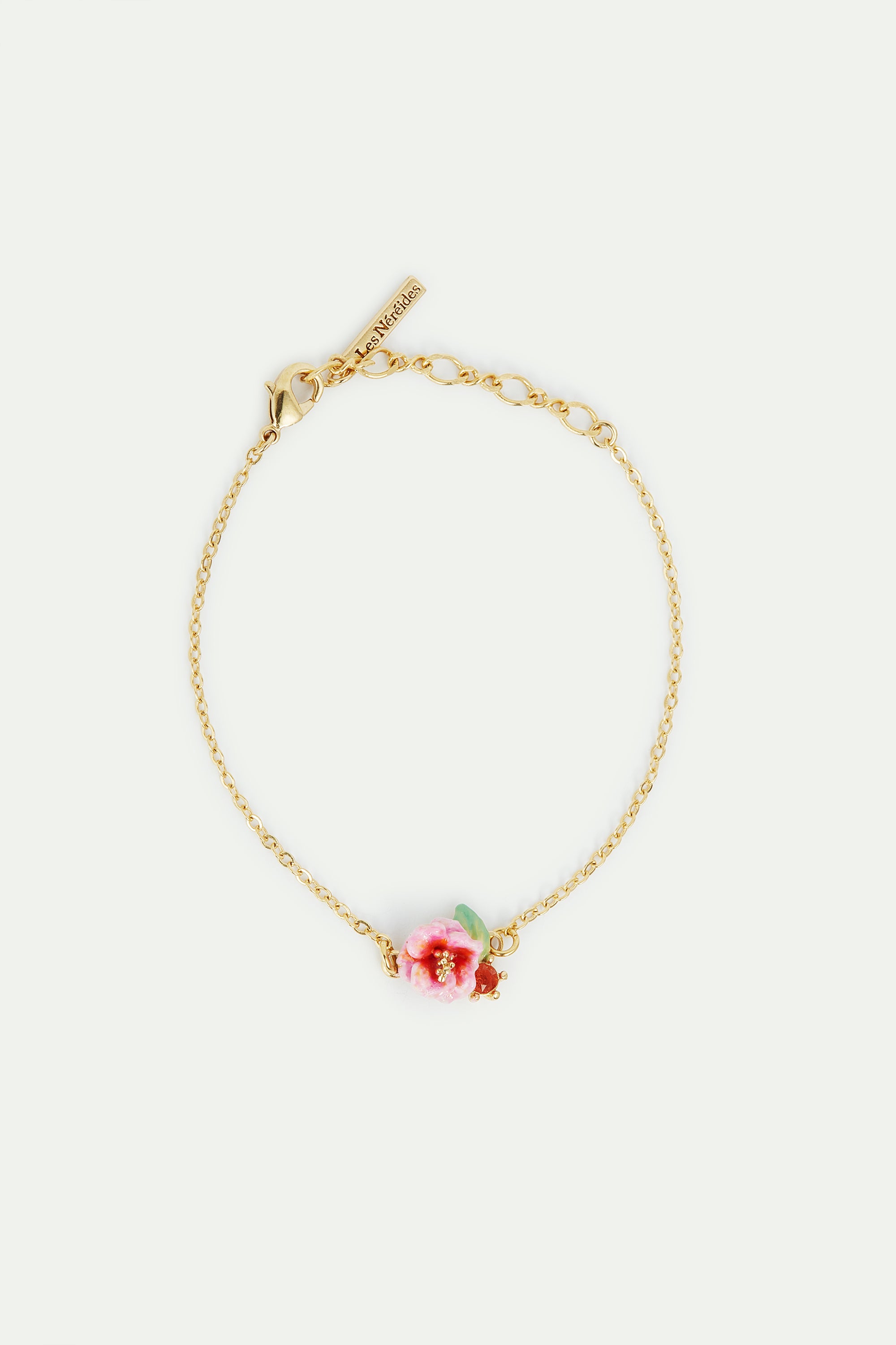 Bracelet fin fleur d'hortensia rose et pierre taillée