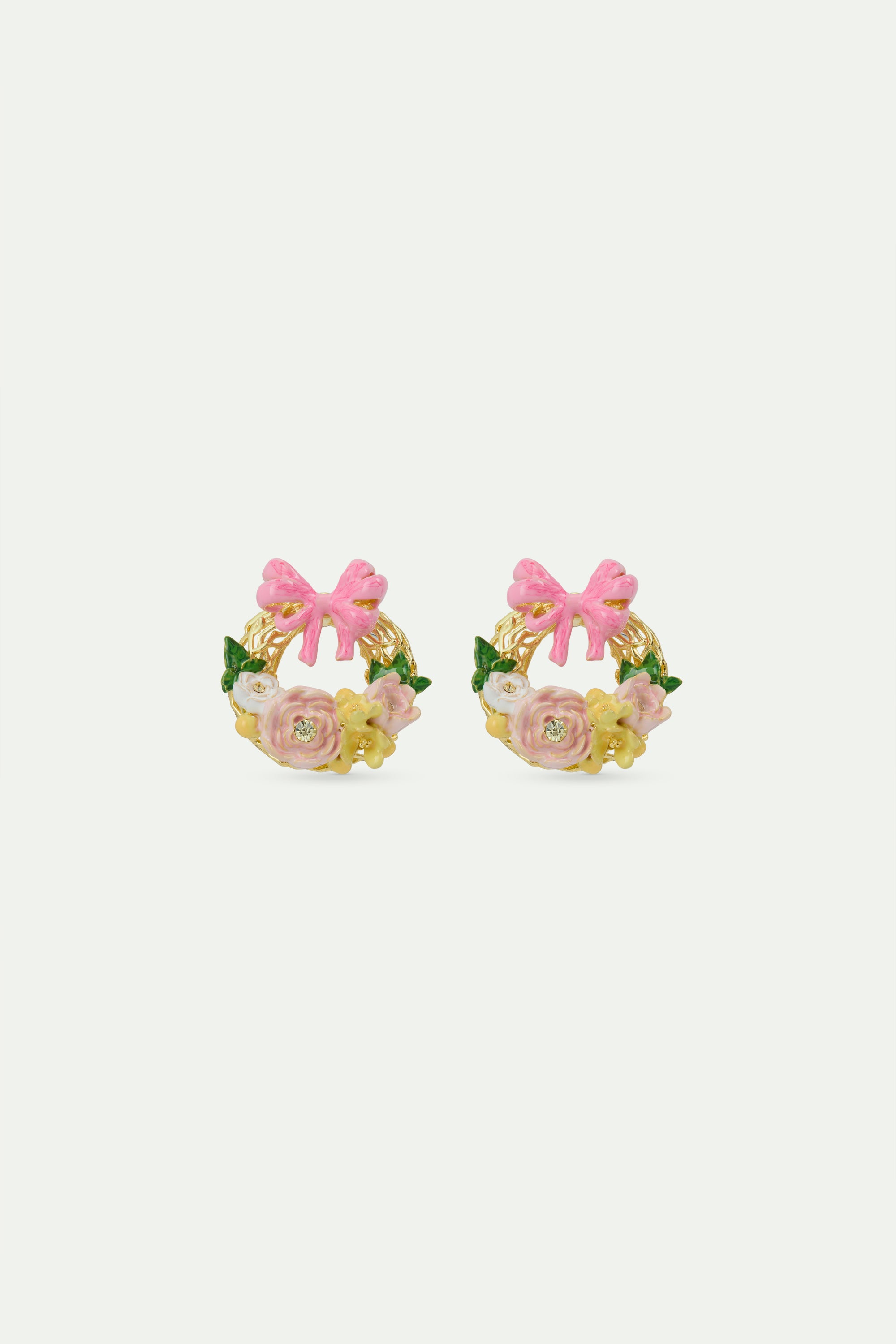 Boucles d'oreilles tiges couronne de fleurs et noeud rose