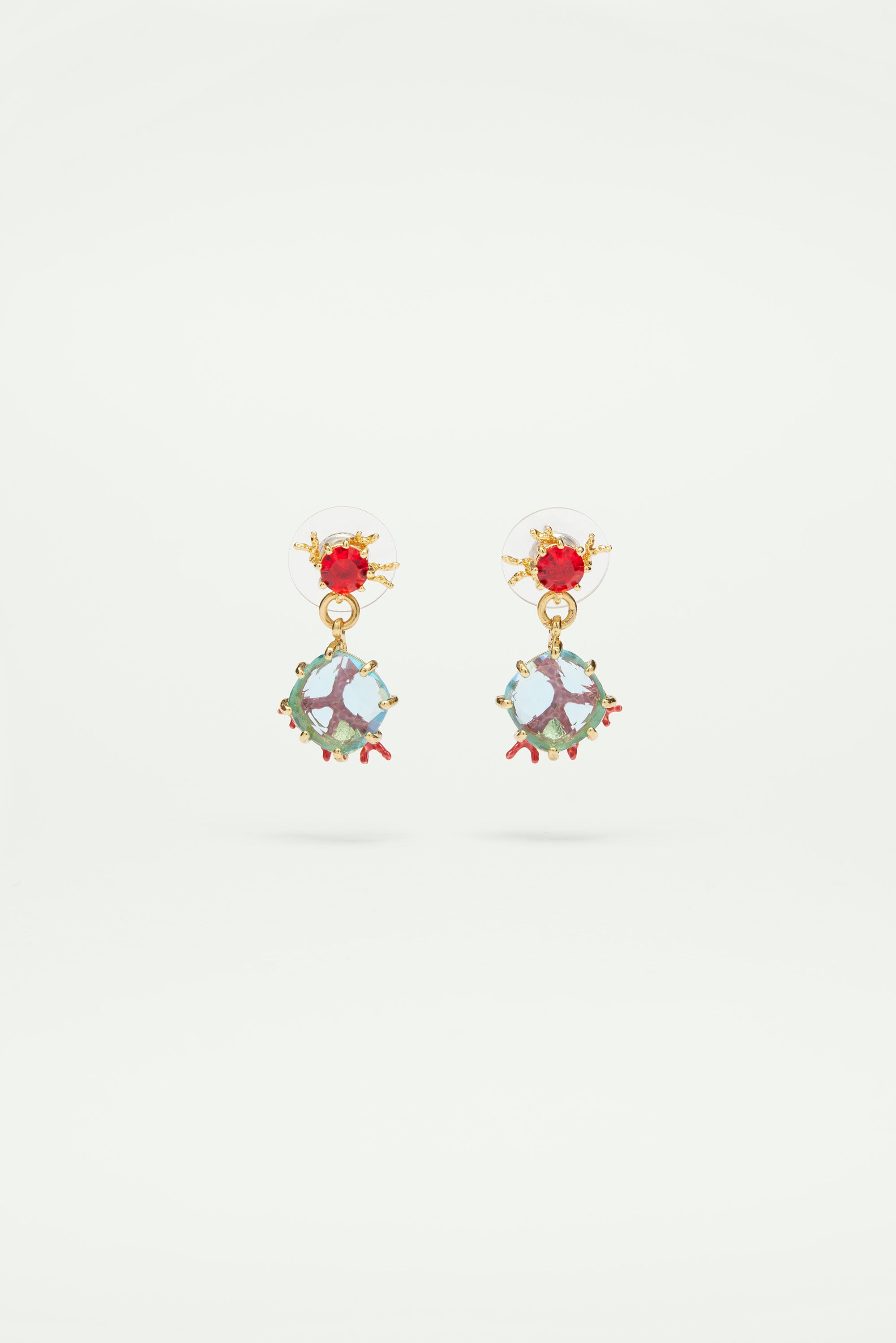 Boucles d'oreilles tiges coraux rouges et pierre en verre taillé