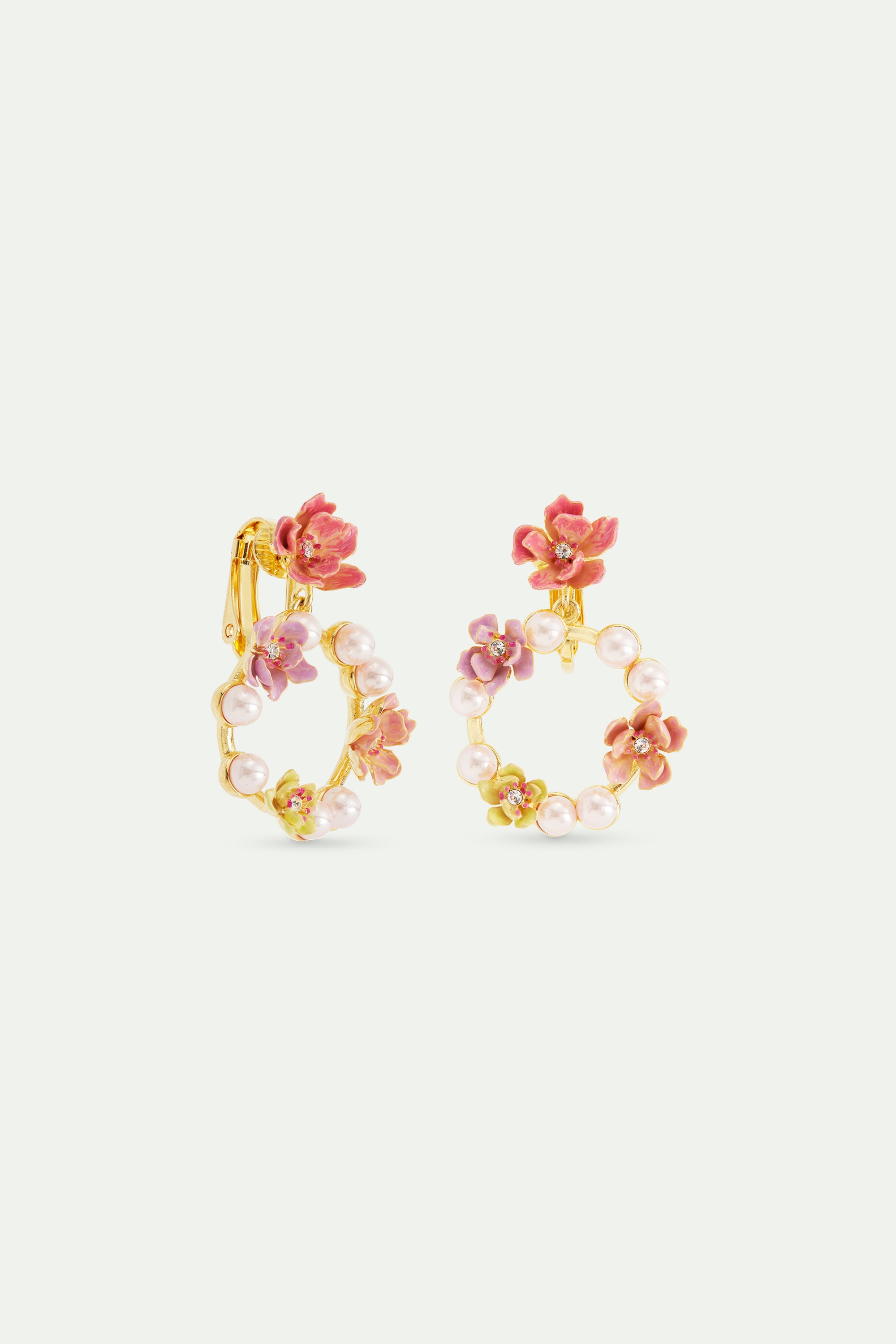 Pink magnolia flowers and white artificial pearl hoop earrings