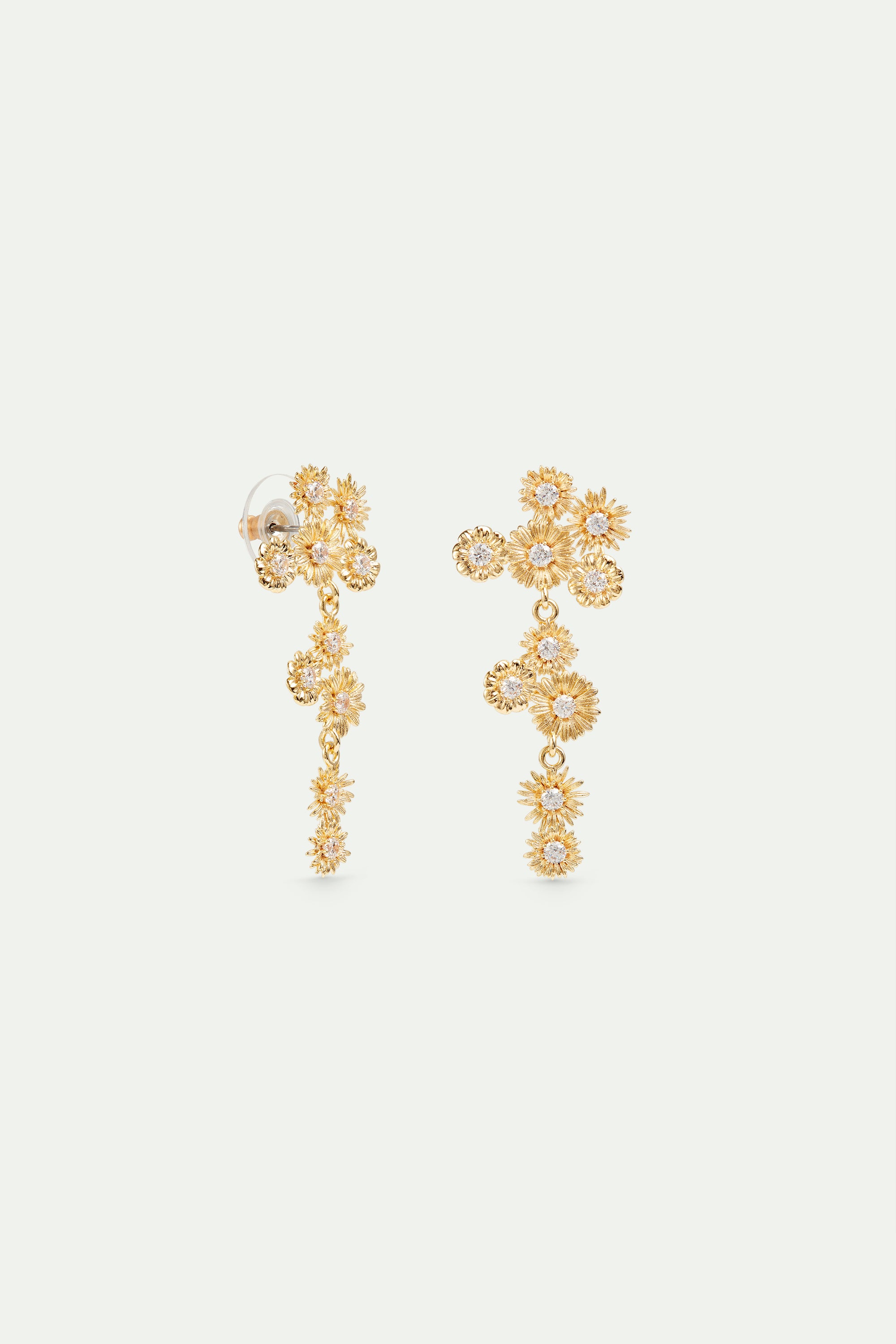 Boucles d'oreilles pendantes fleurs dorées et cristaux