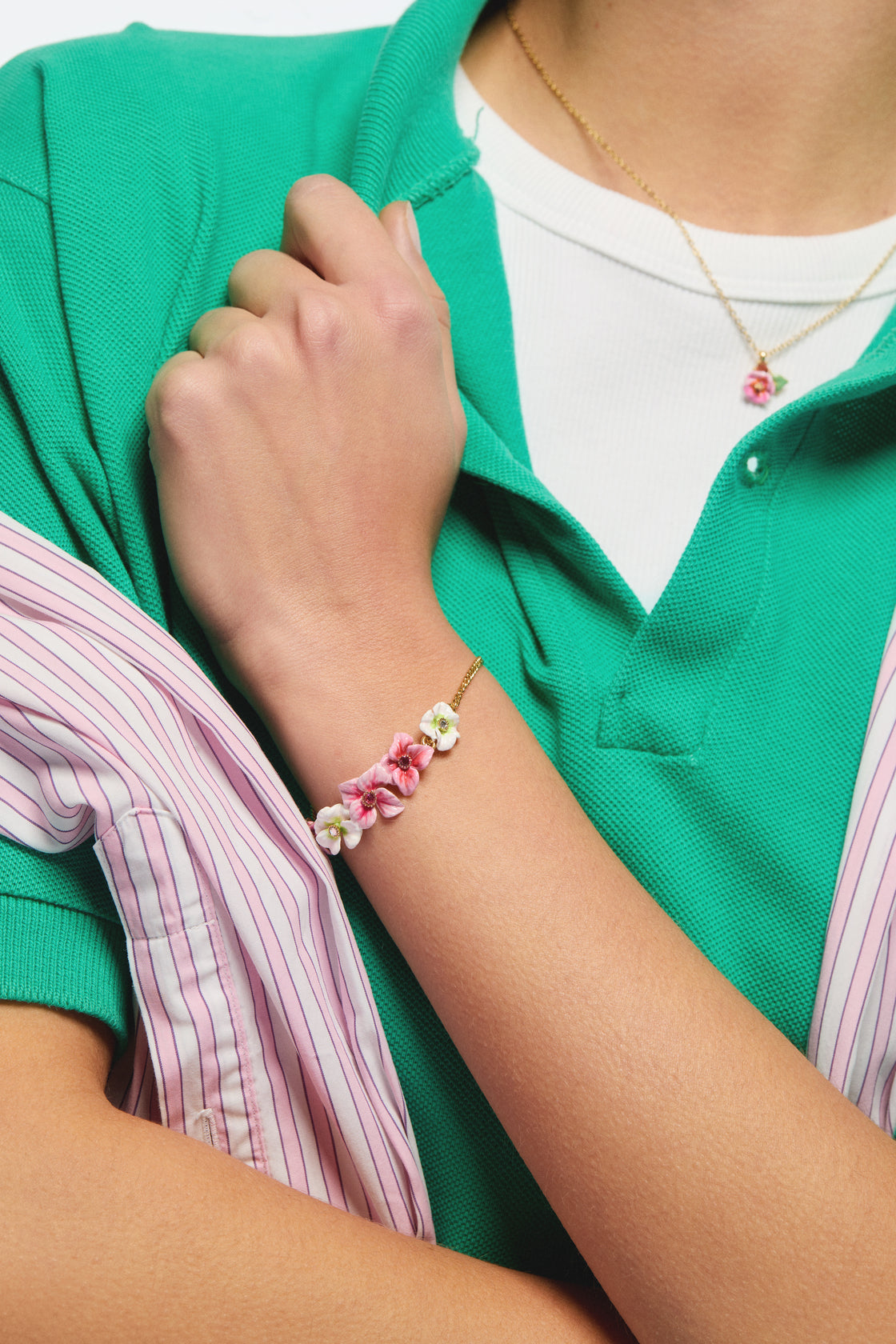 Pink and white hydrangea flowers fine bracelet