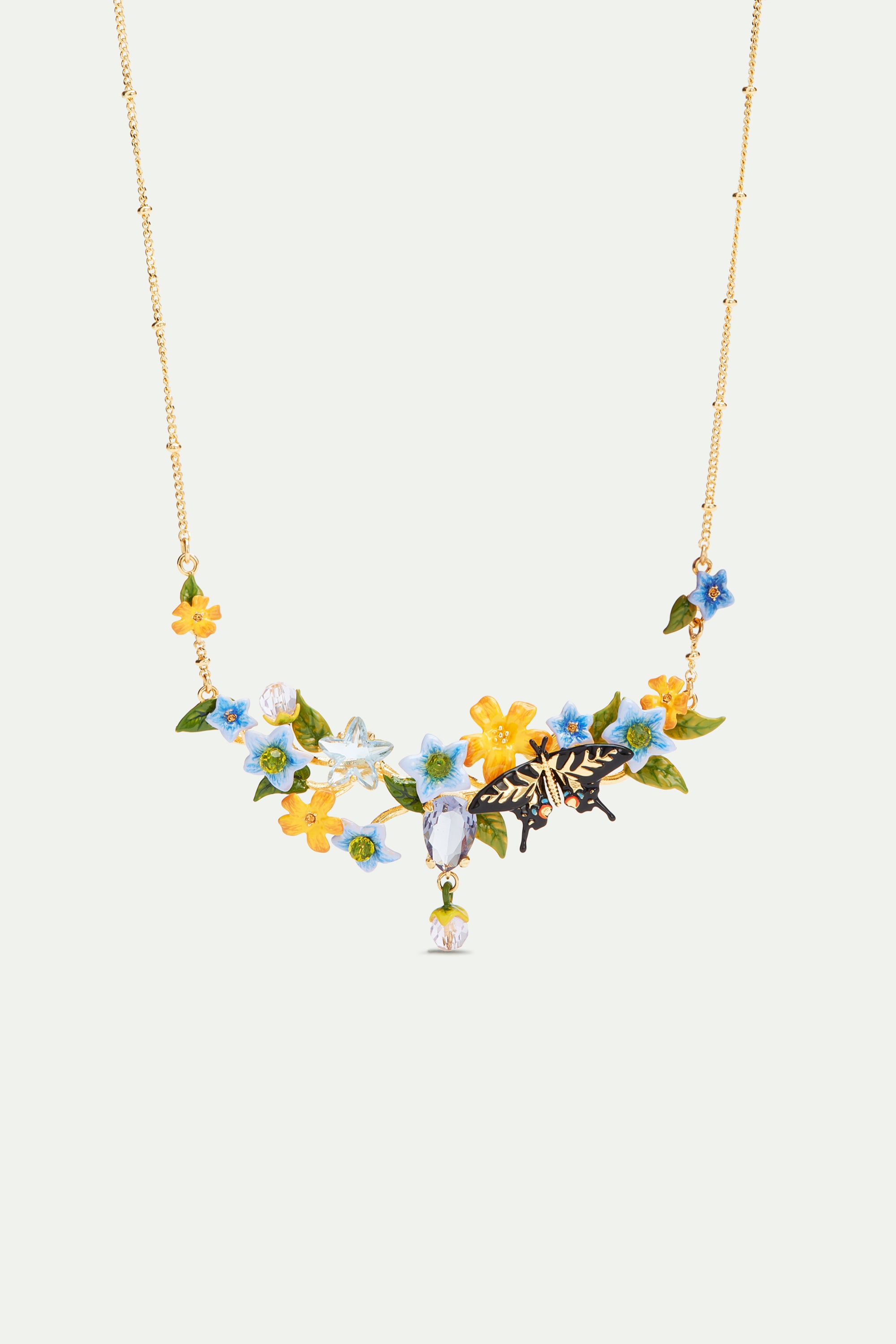 Collier plastron papillon, fleurs de jasmin et verre facetté