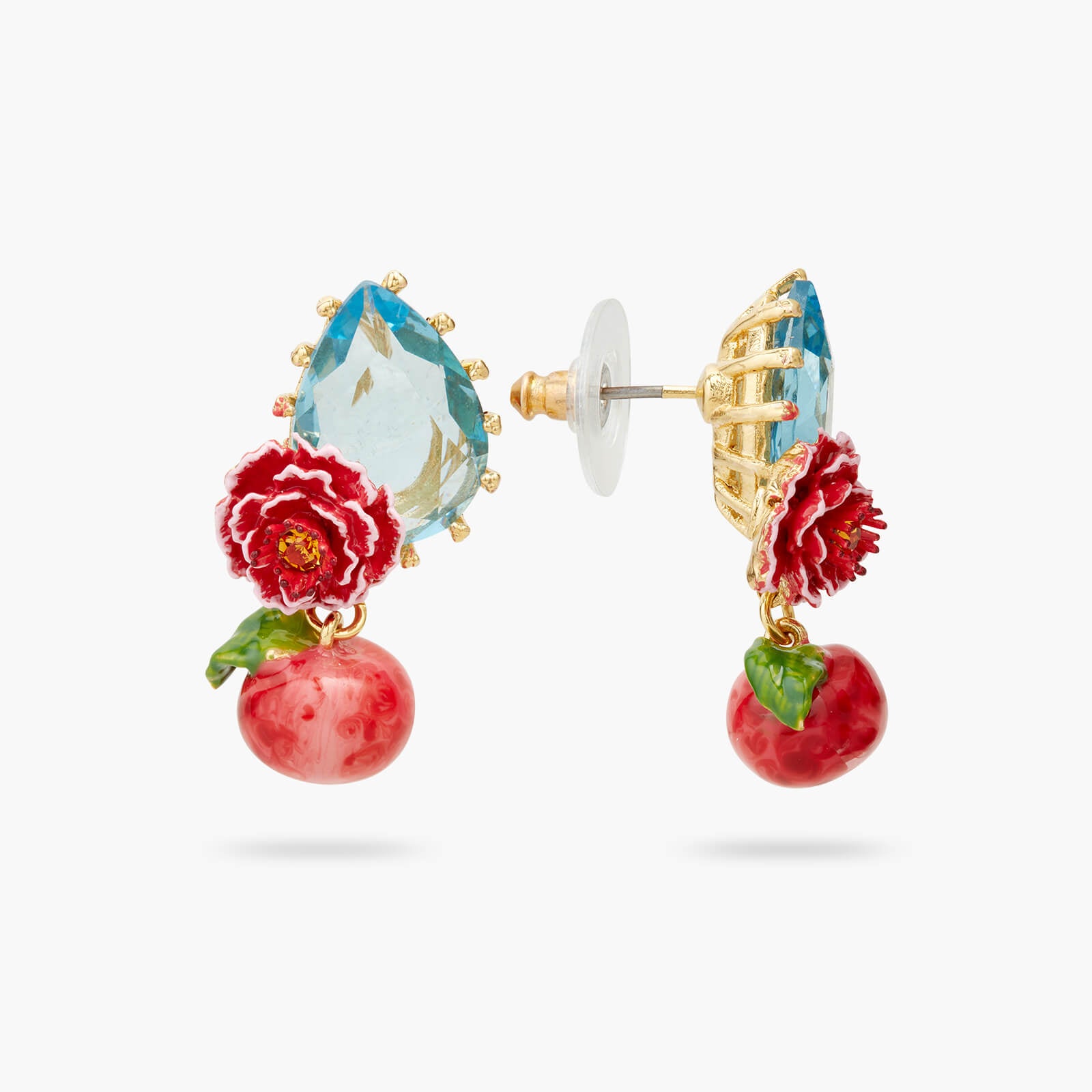 Boucles d'Oreilles Tiges Pêche et Pierre Bleu Forme Poire