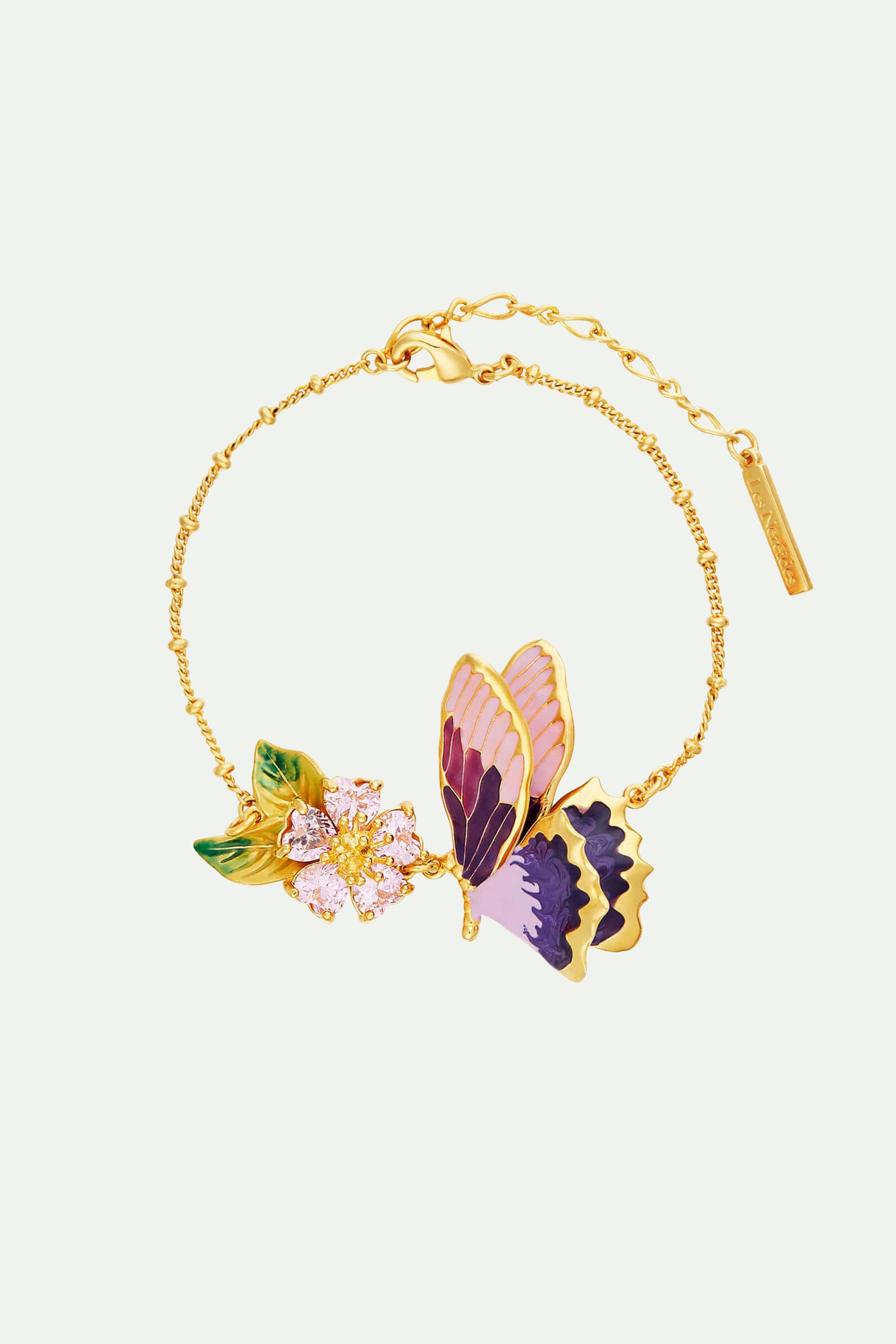 Pulsera fina Pétalos de Flores en Corazón y Mariposa Terinos