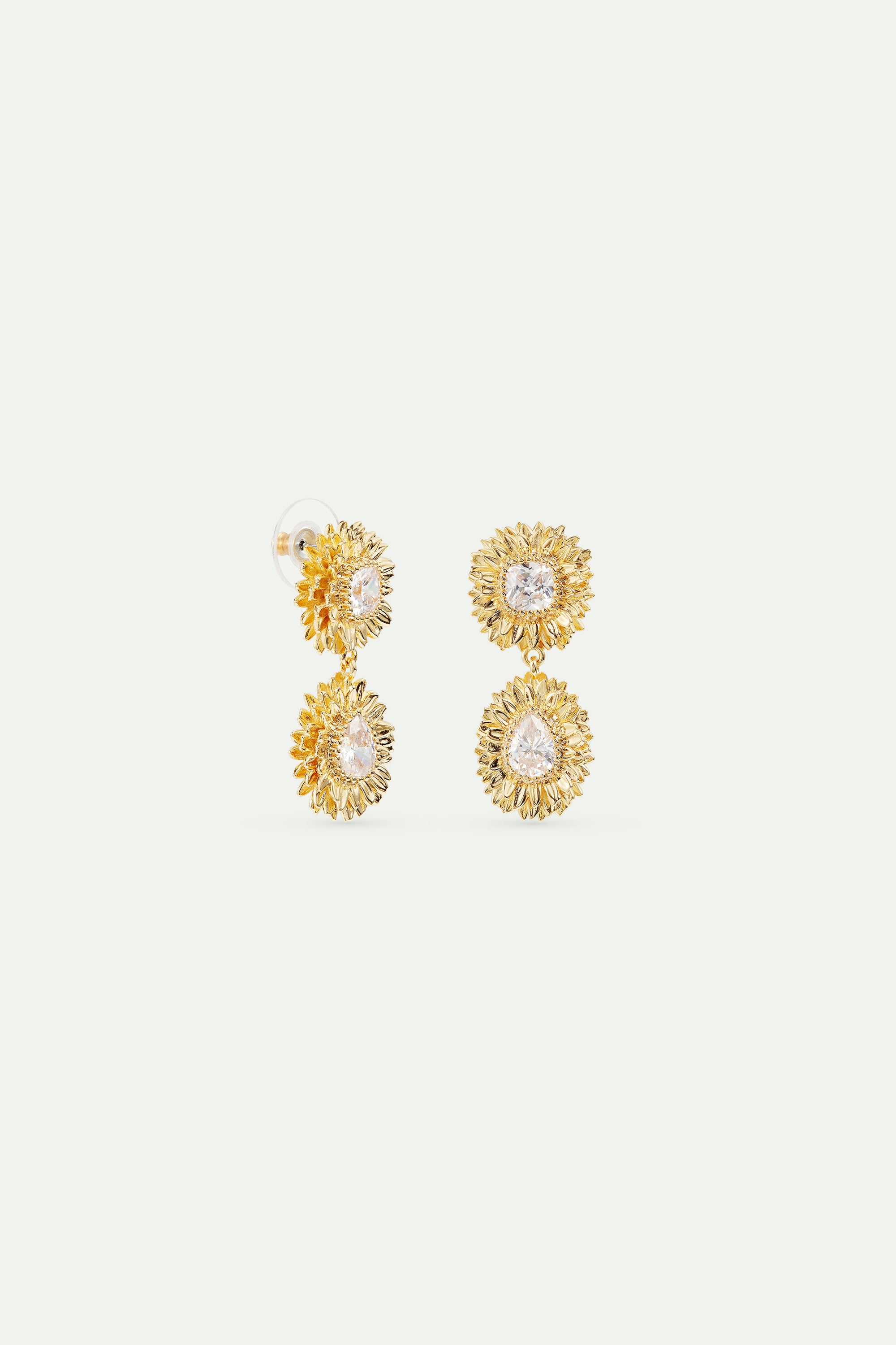 Golden dandelion and cut stone dangle post earrings