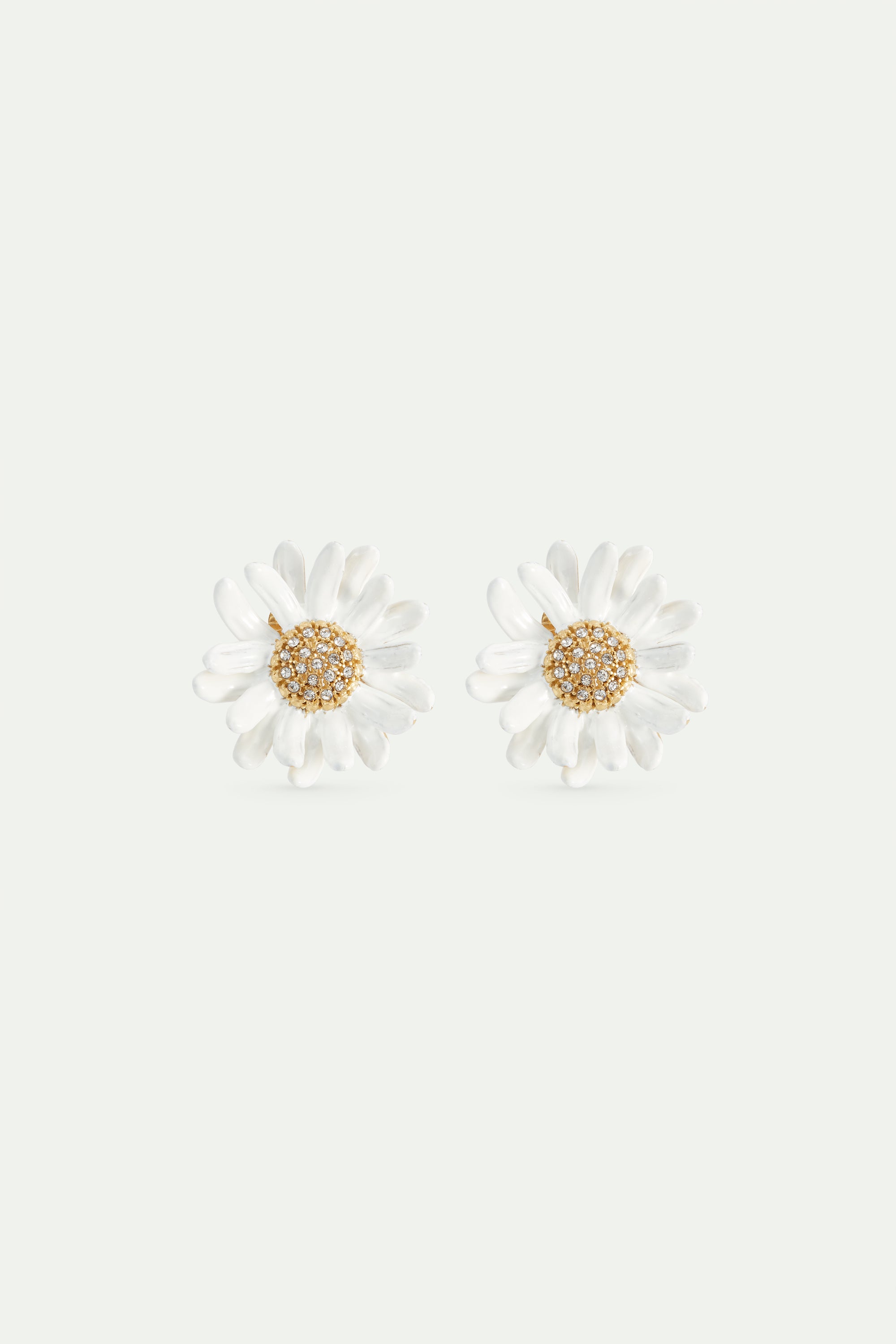 Boucles d'oreilles pâquerette blanche et dorée, cœur pavé