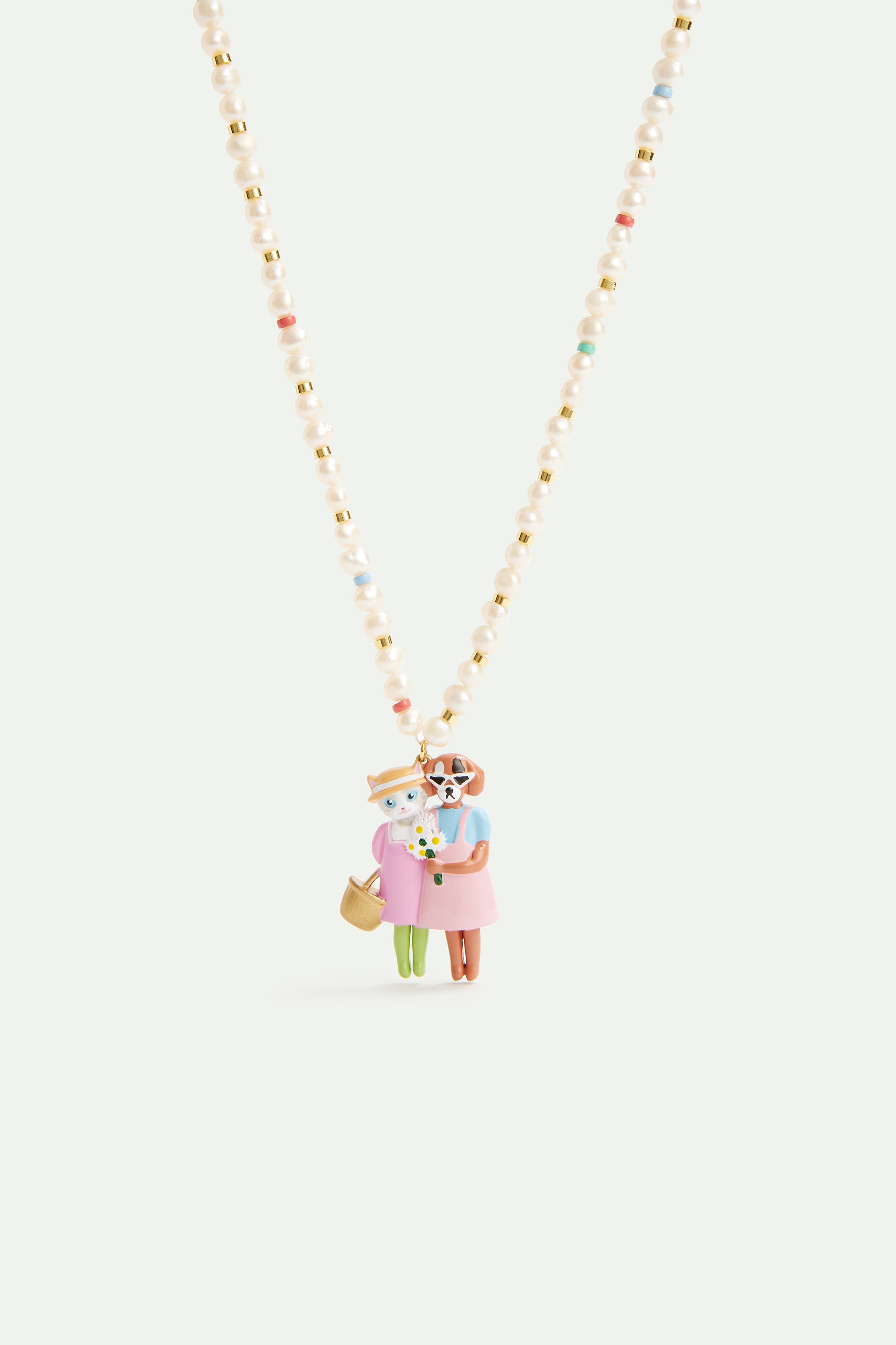 Collier pendentif perles fantaisie, chat et chien