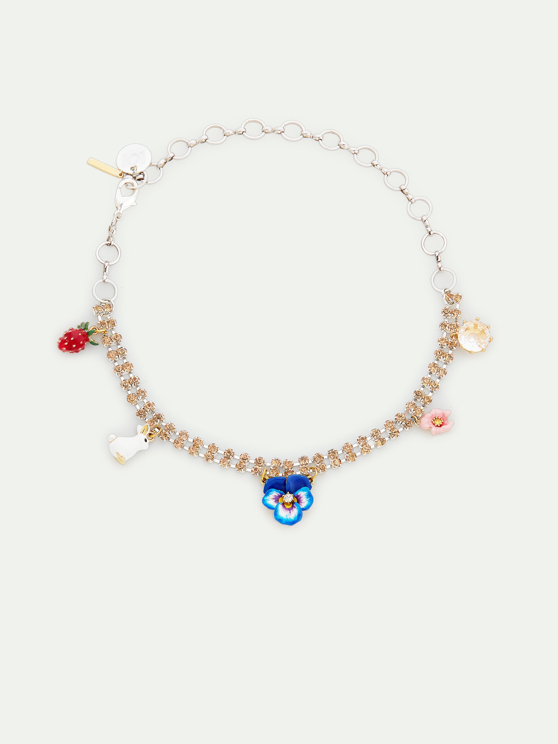 Collier ras de cou strass, pensée et lapin