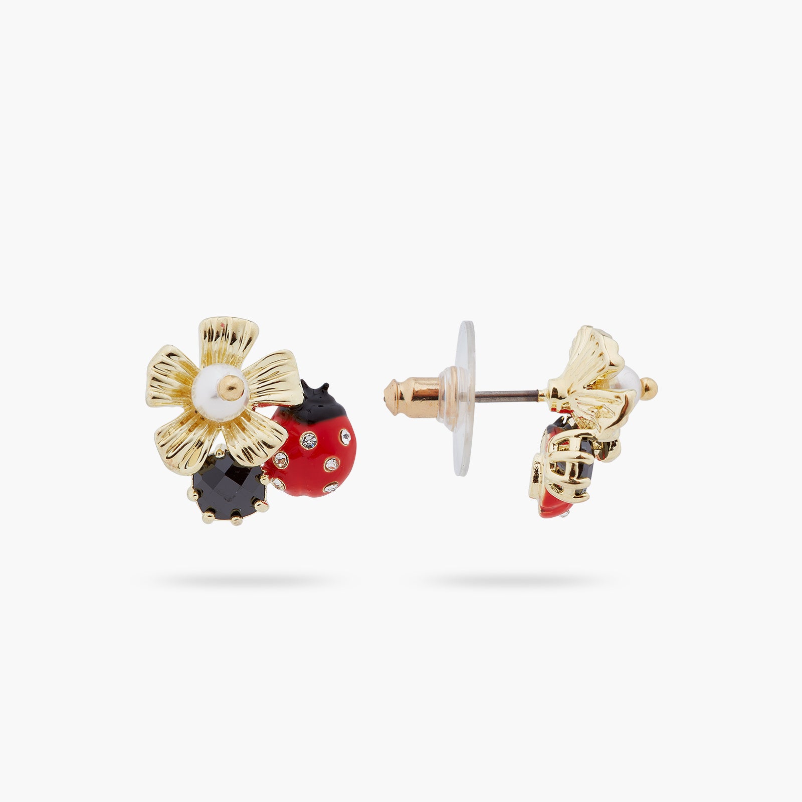 Ladybird and anemone with mother of pearl bead post earrings