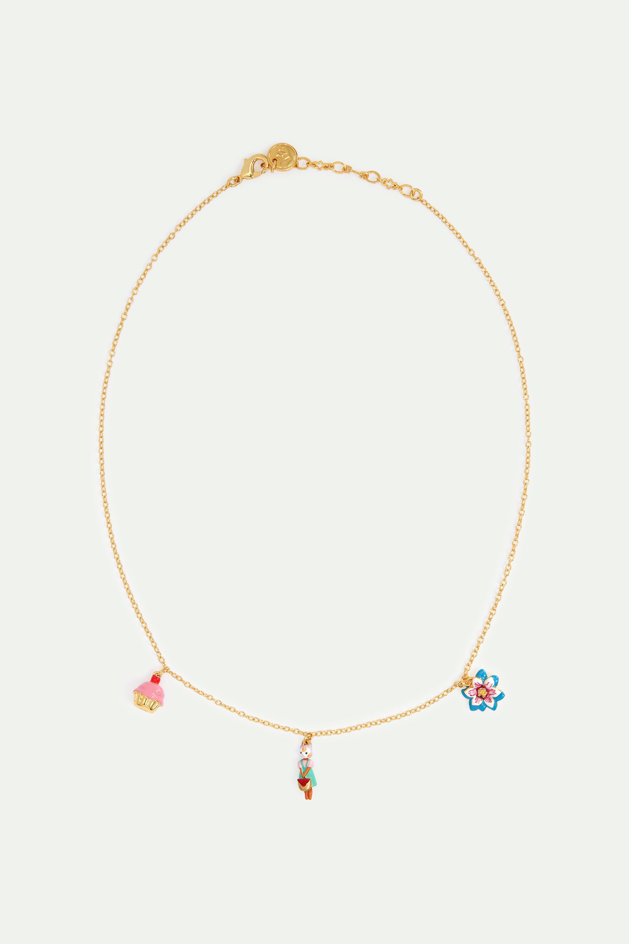 Collier pendentif chat roux, fleur bleue et patisserie