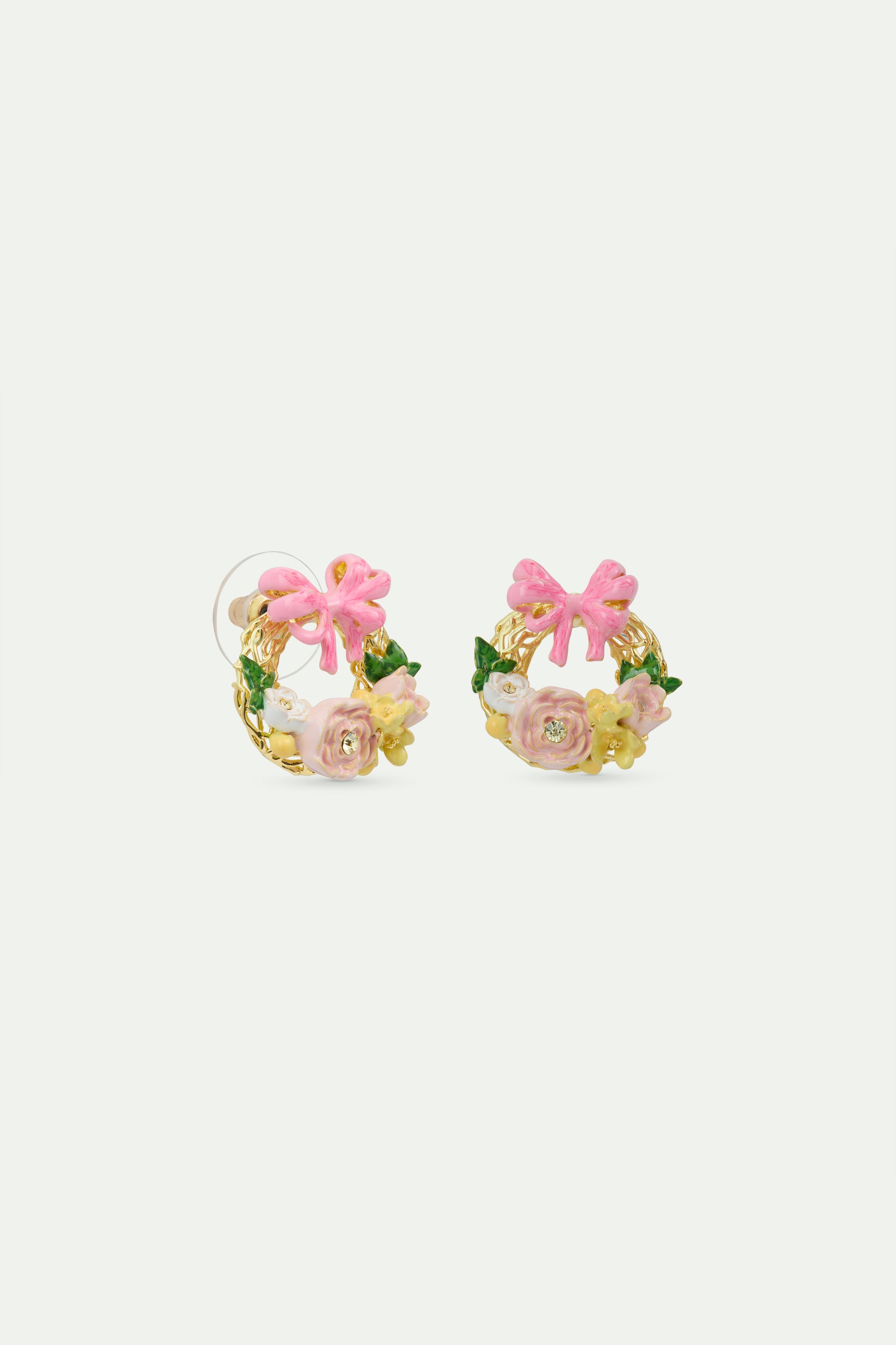 Boucles d'oreilles tiges couronne de fleurs et noeud rose