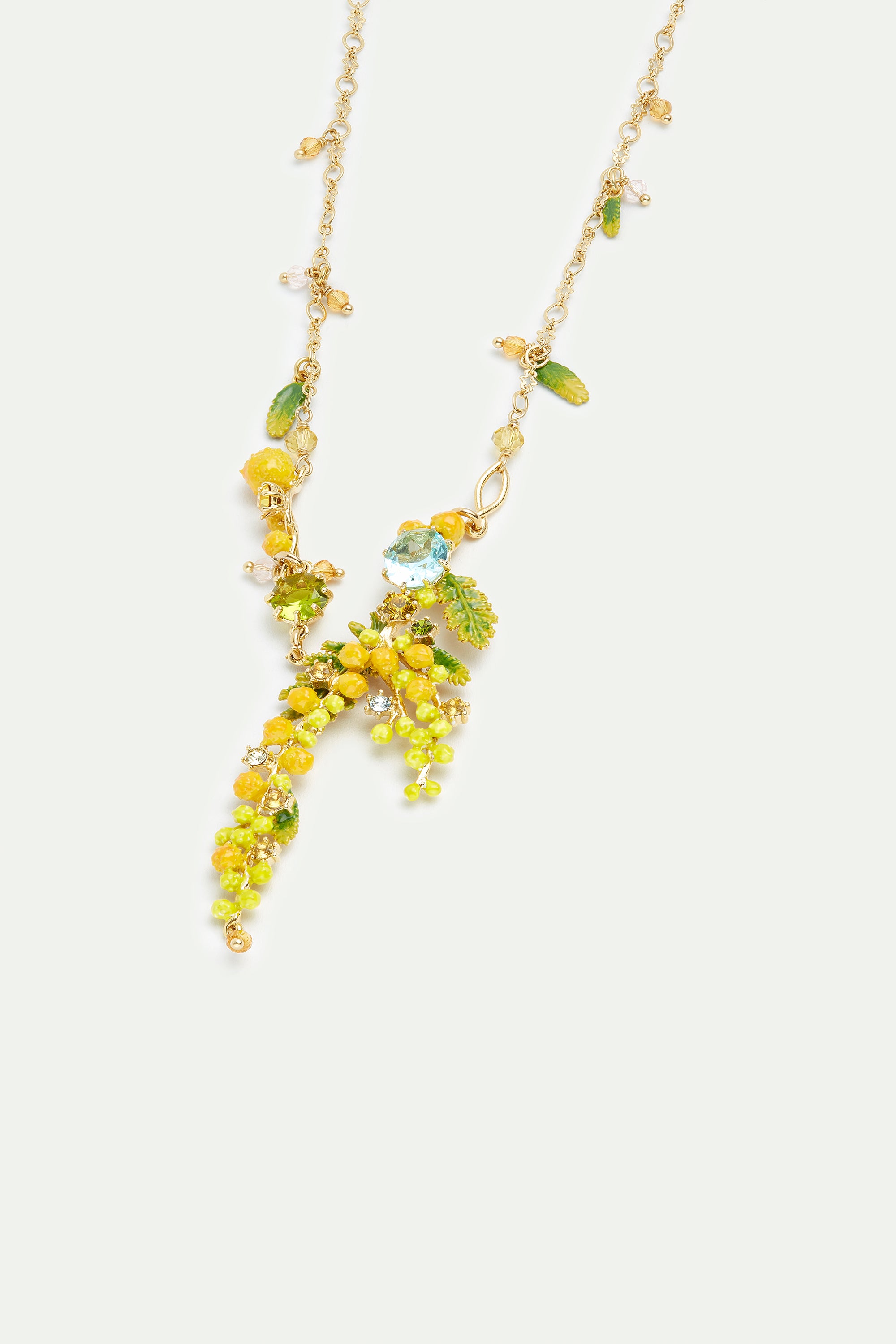 Collier plastron branches de mimosa, fougères et petites feuilles
