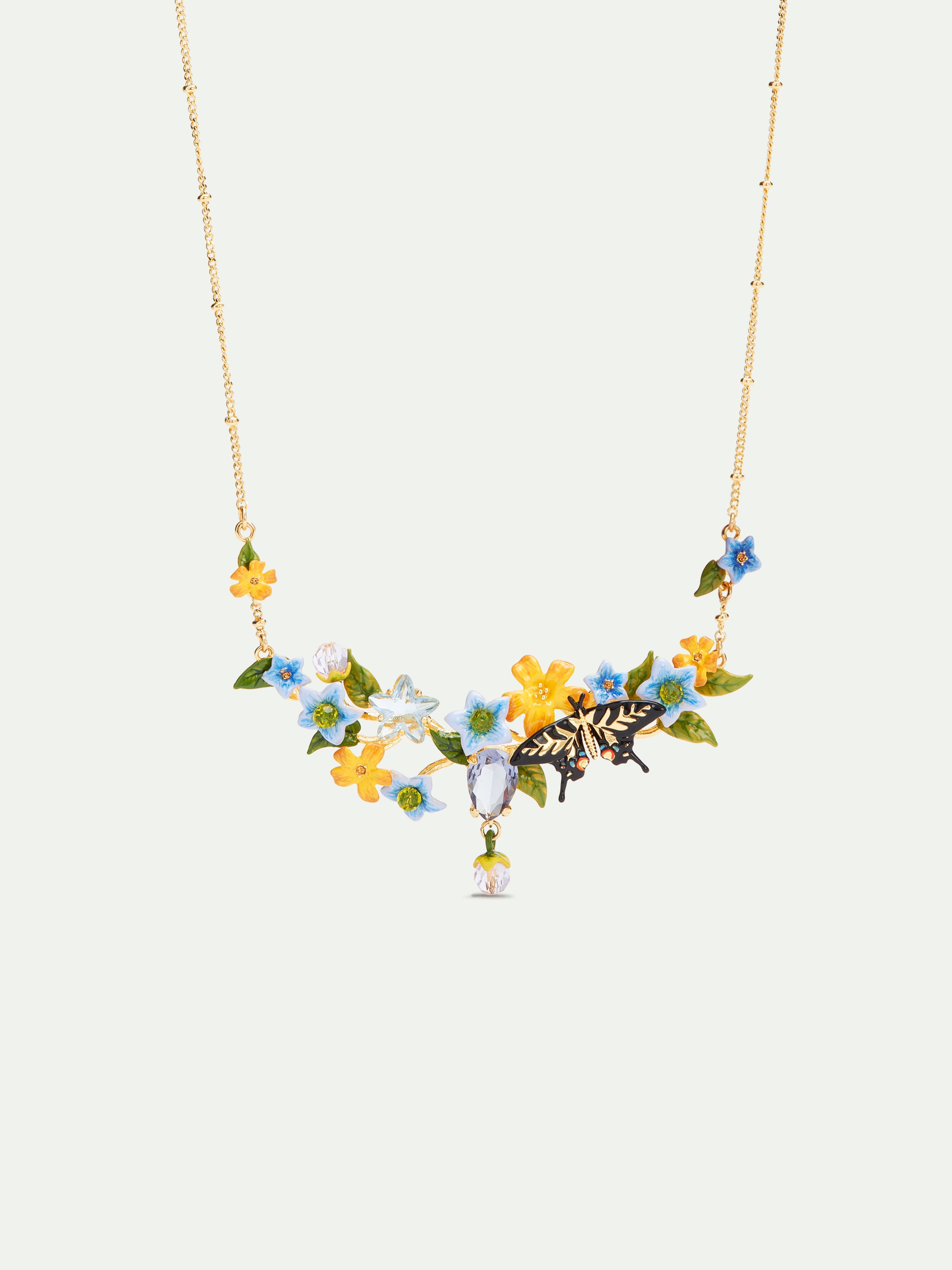 Collier plastron papillon, fleurs de jasmin et verre facetté
