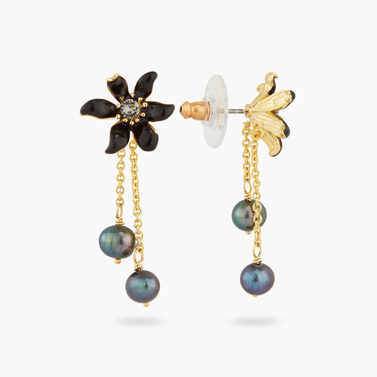 Black lily and cultured pearls post earrings