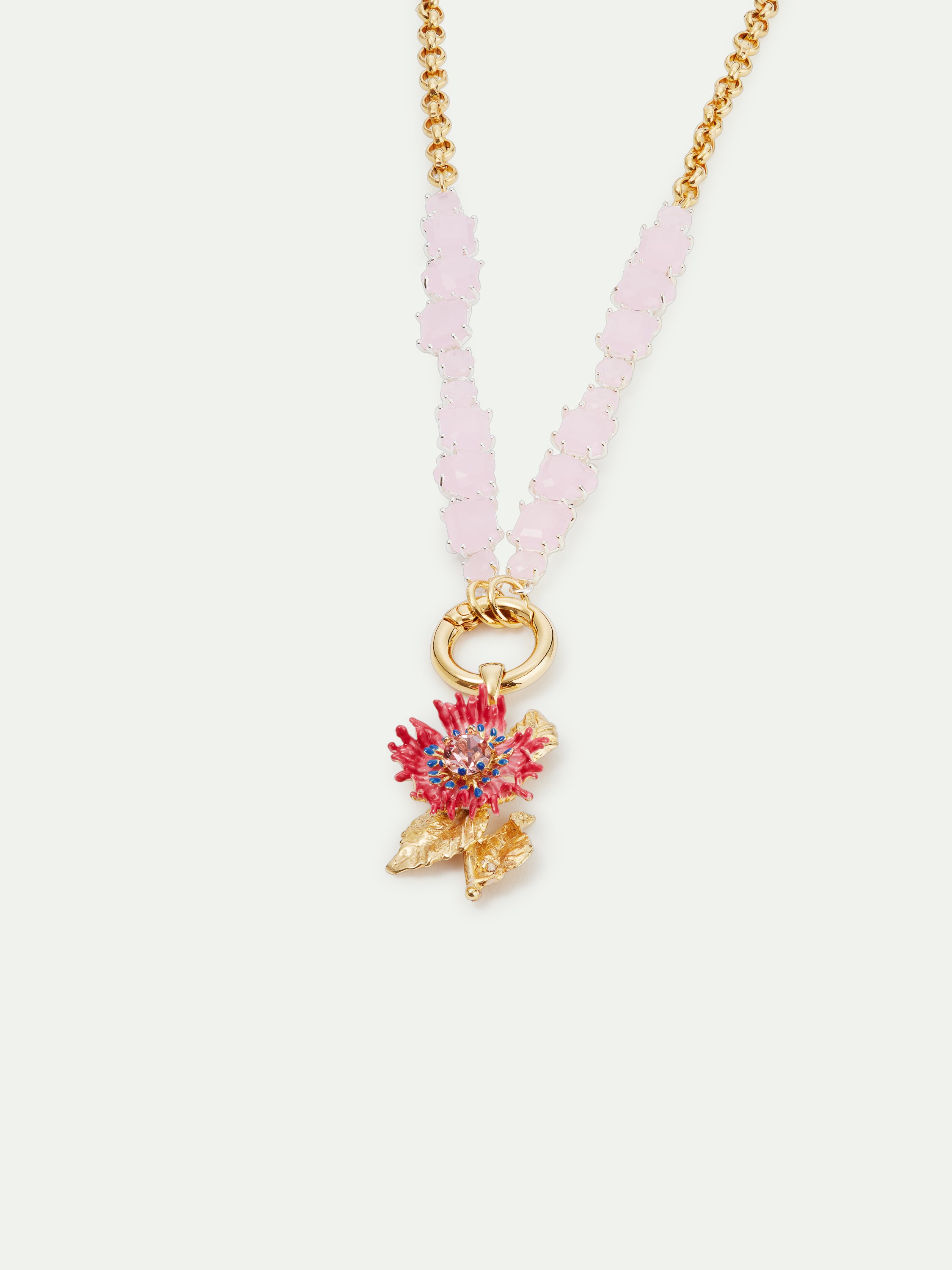 Collier ras de cou pierres facettées roses et fleur colorée