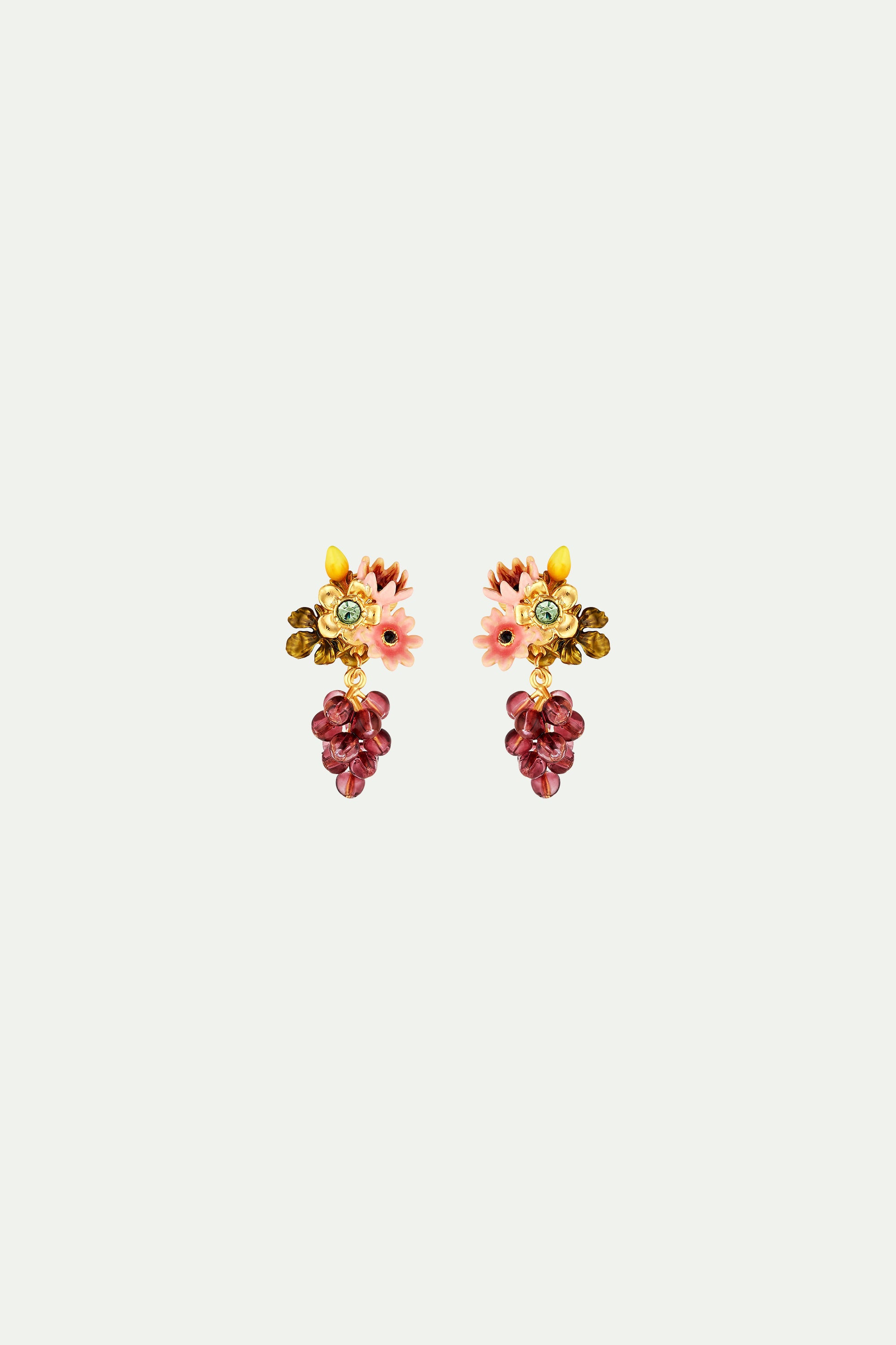 Romantic flower and cardinal grape bunch dangling clip on earrings ...