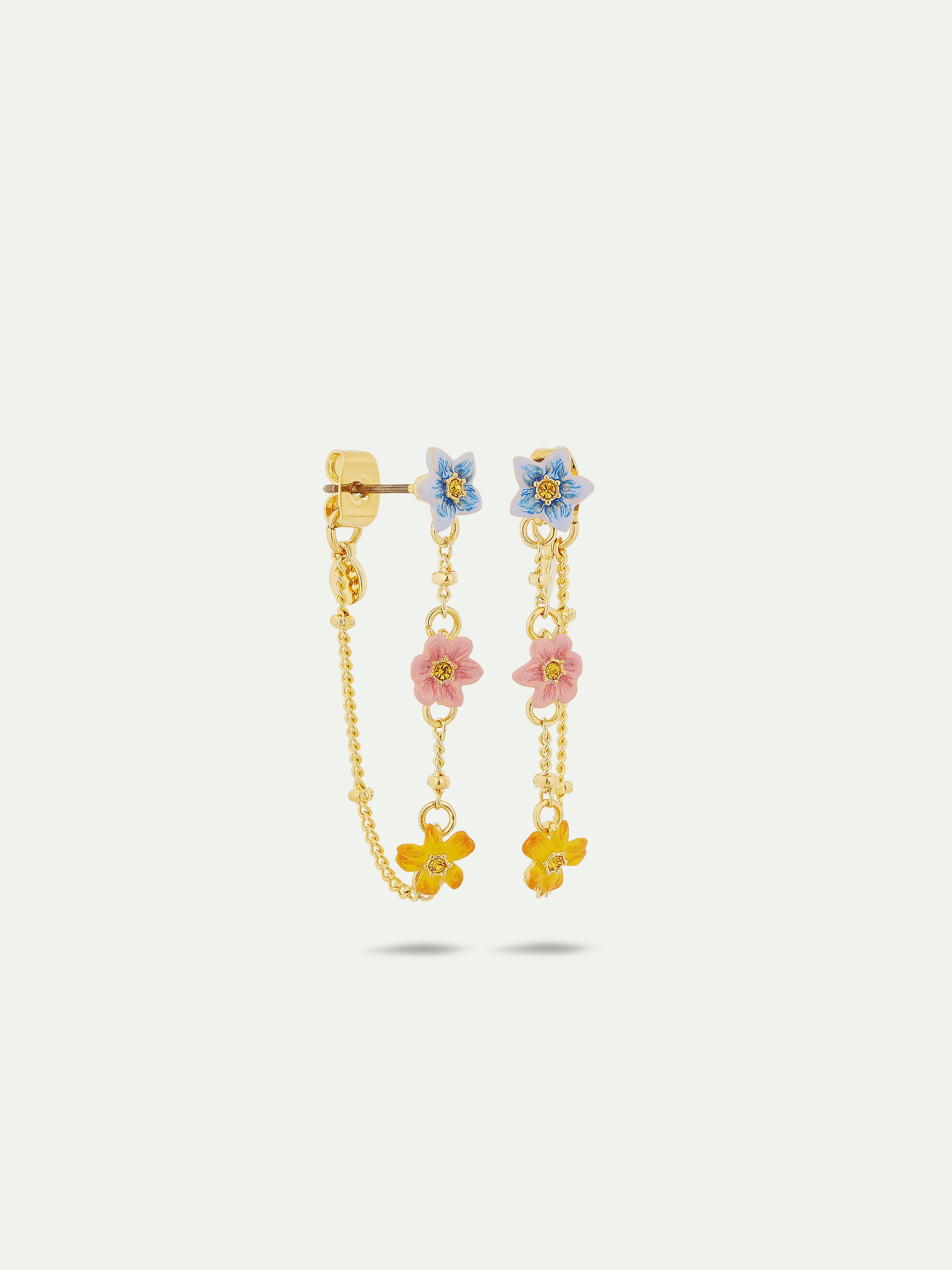 Boucles d'oreilles tiges pendantes avec 3 fleurs de jasmin colorées