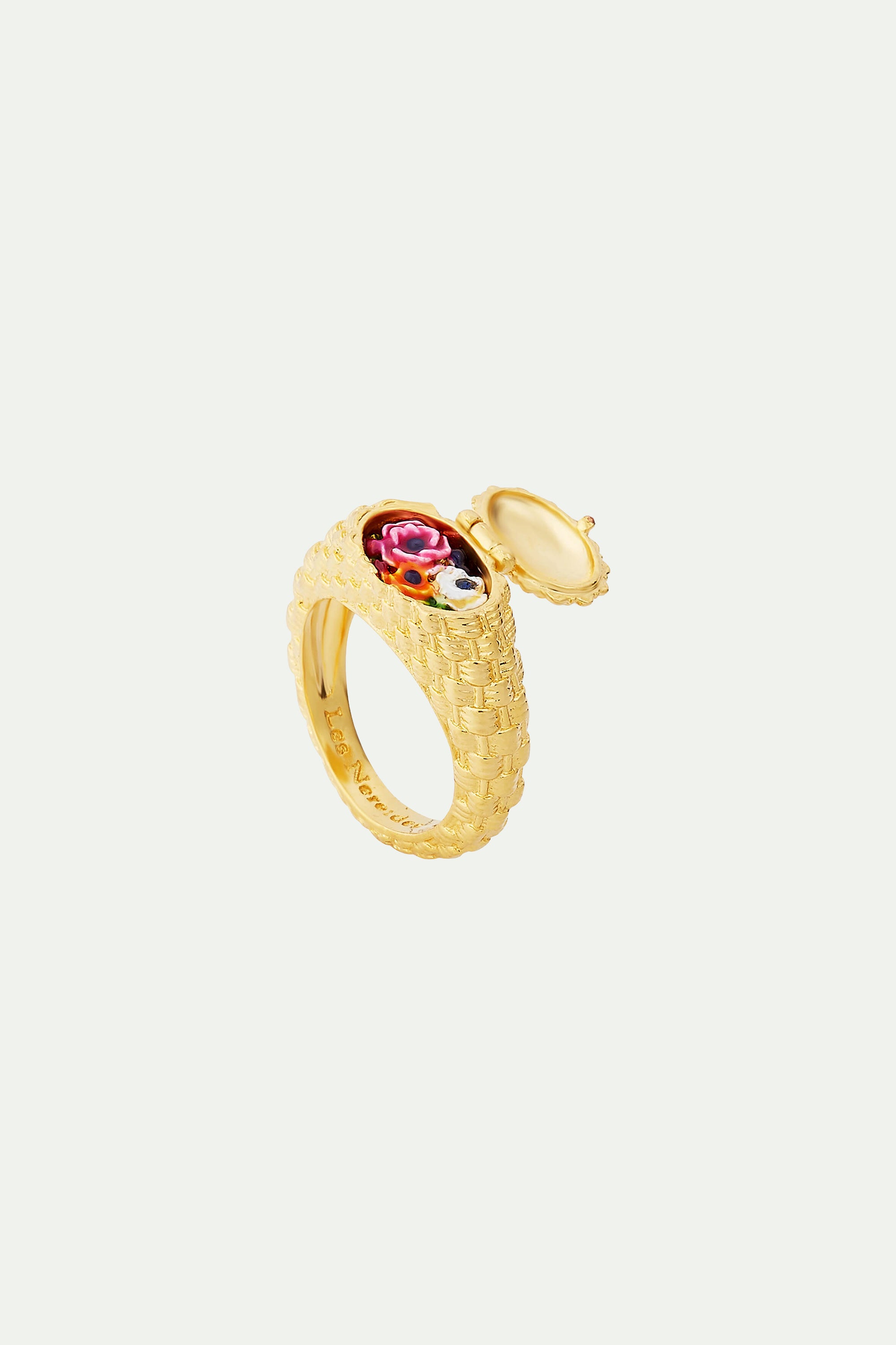 Bague secrète panier tressé et fleurs de pavots