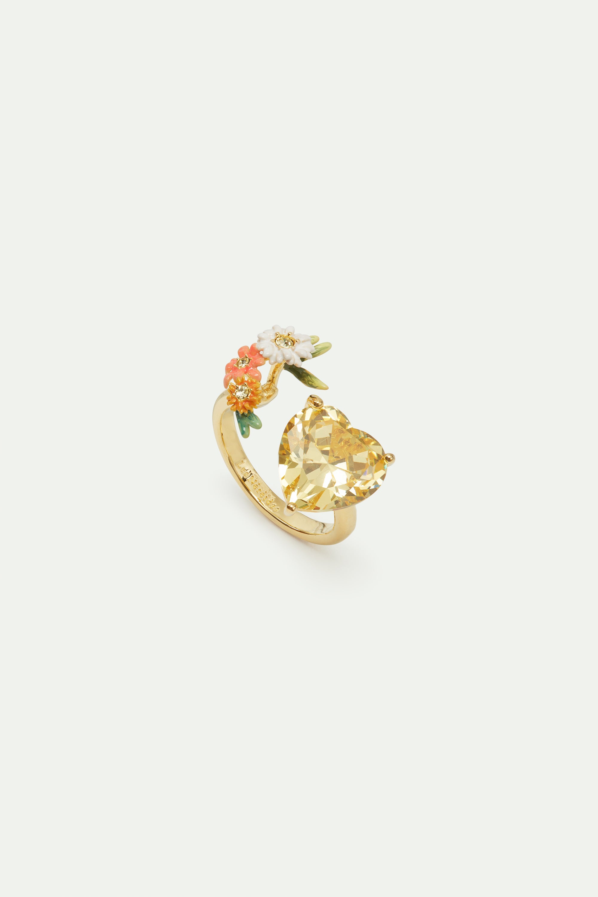 Anillo ajustable corazón amarillo y flores de zinnias y margaritas