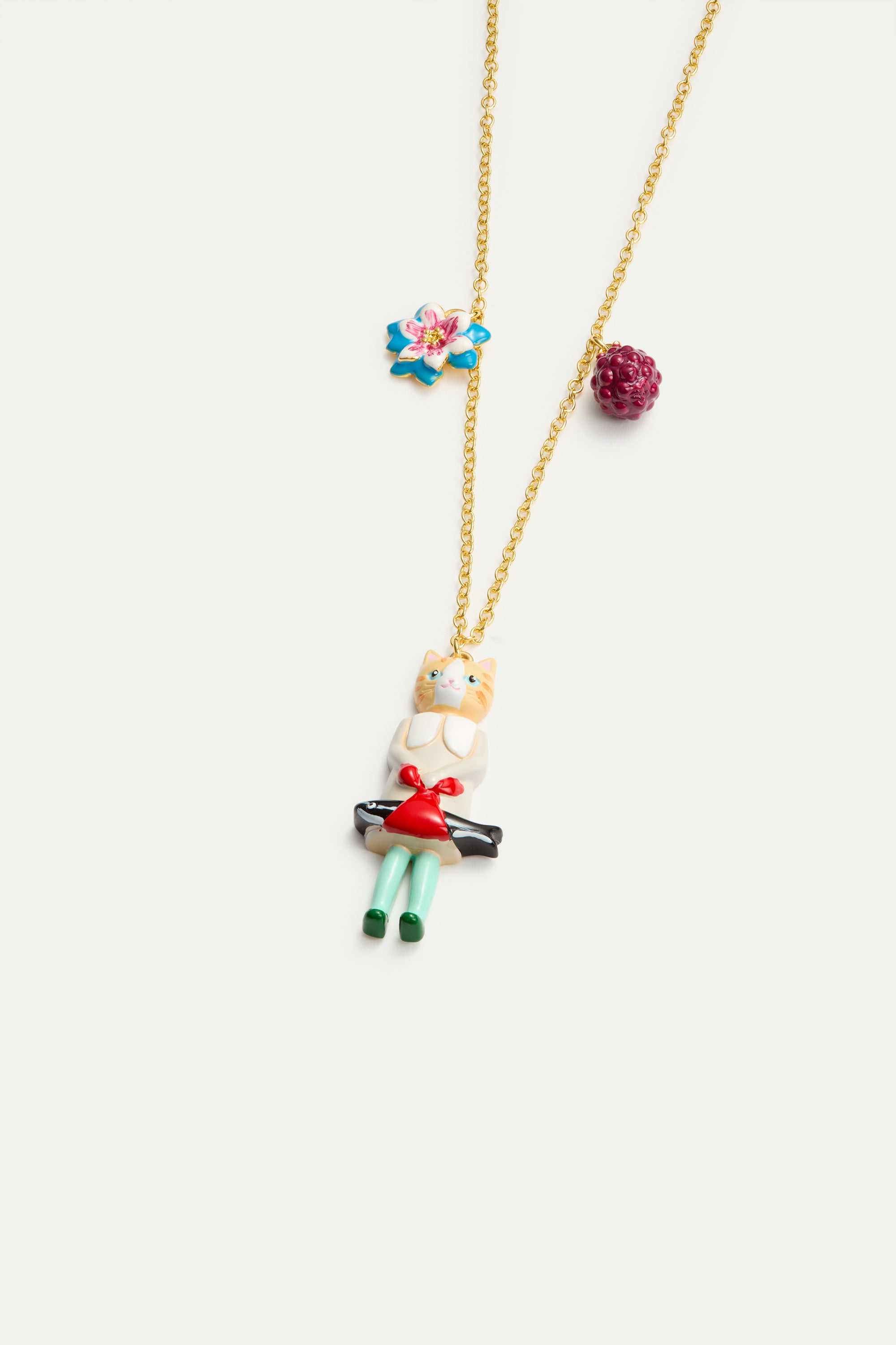 Collier pendentif chat roux et fraise