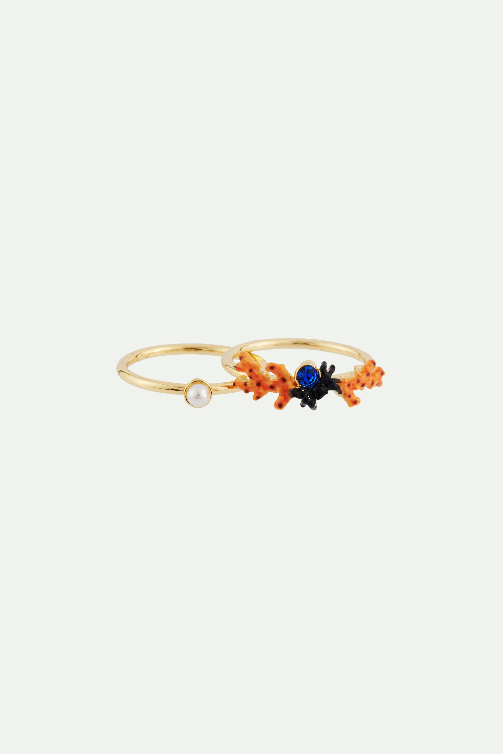 Bague 2 anneaux branche de corail et petite perle