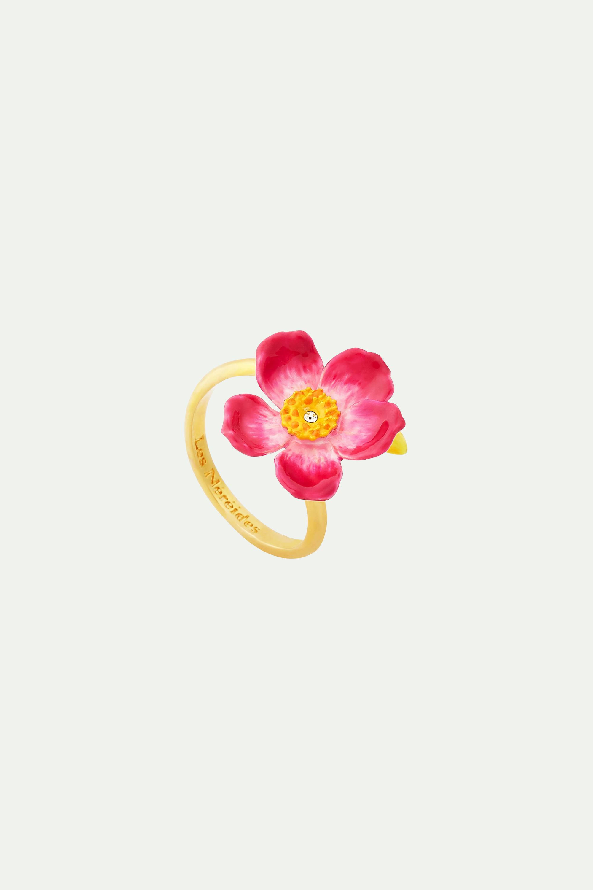 Pink poppy flower adjustable ring